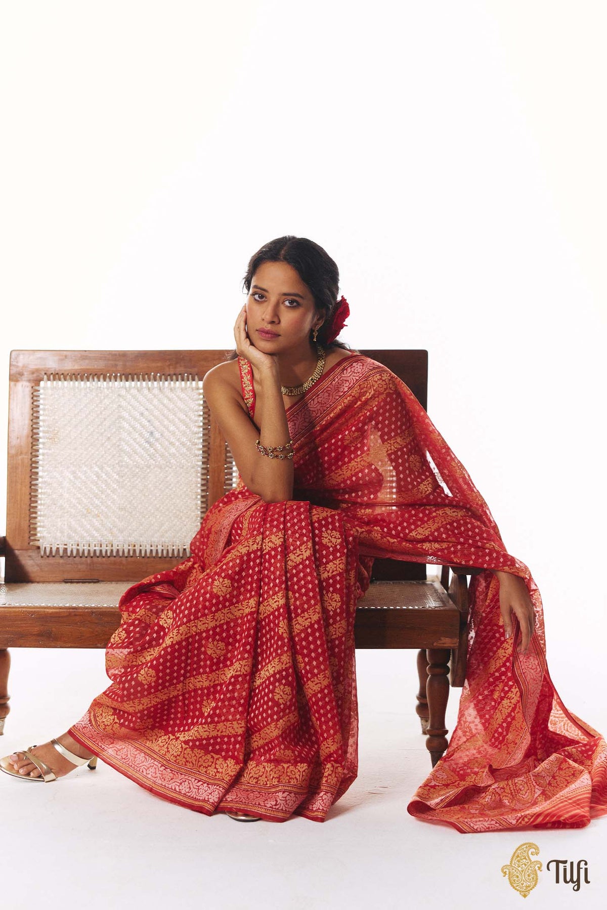 'Nikita' Red Pure Cotton Jamdani Real Zari Banarasi Handloom Saree