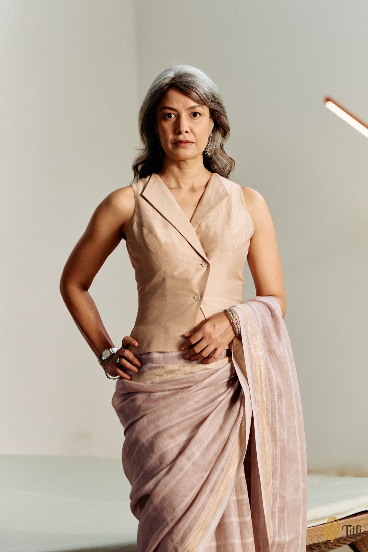 Beige Pure Silk Cotton Waistcoat Style Blouse