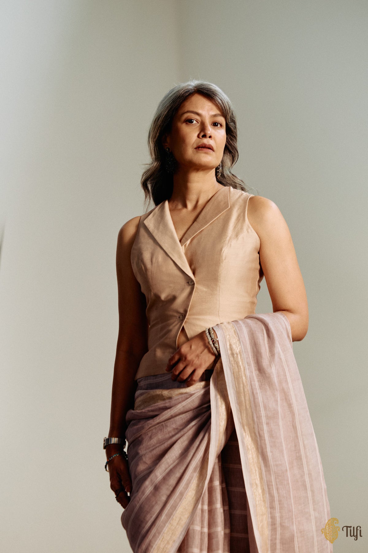 Beige Pure Silk Cotton Waistcoat Style Blouse