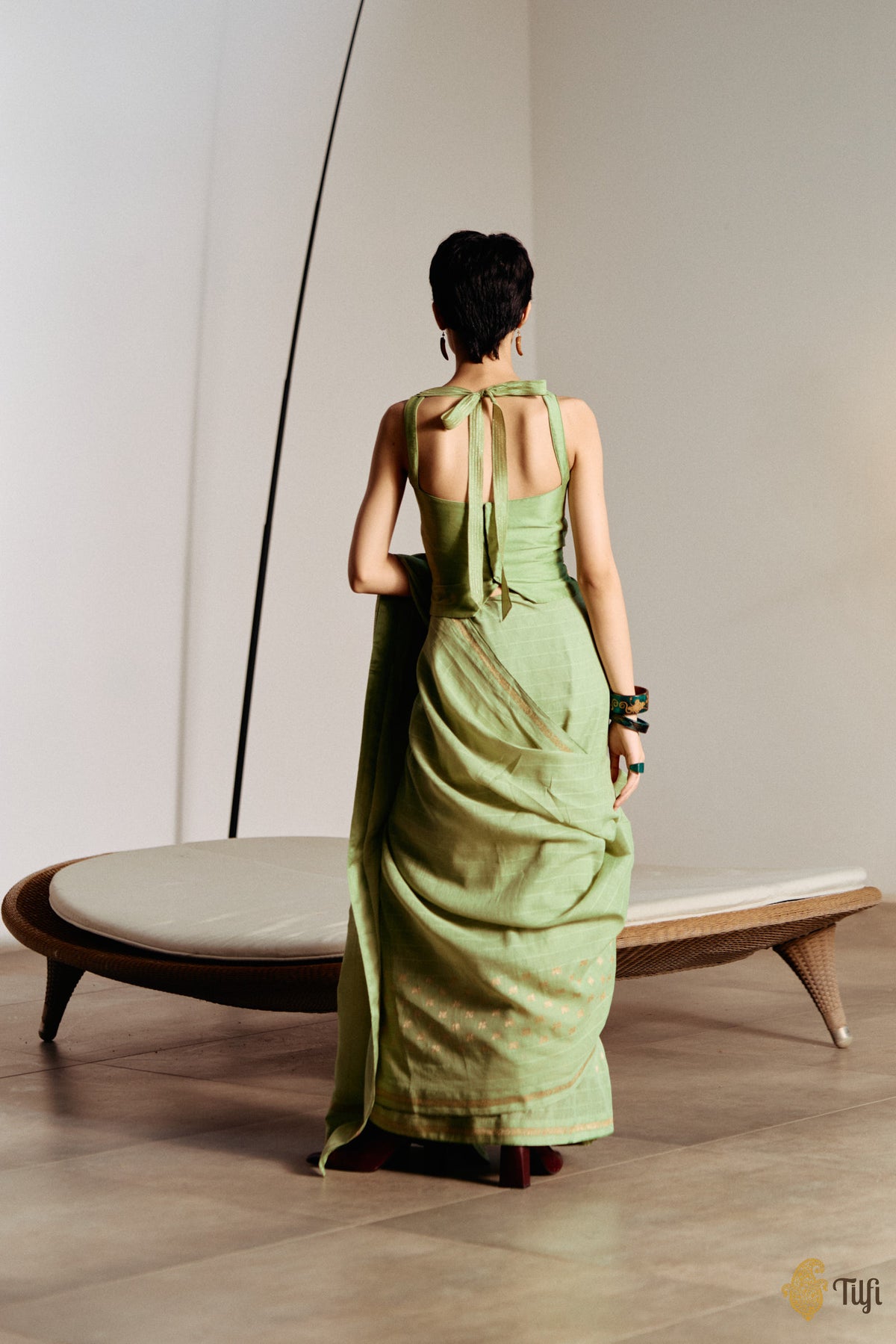 Green Pure Silk Cotton Long Blouse with Tie-up