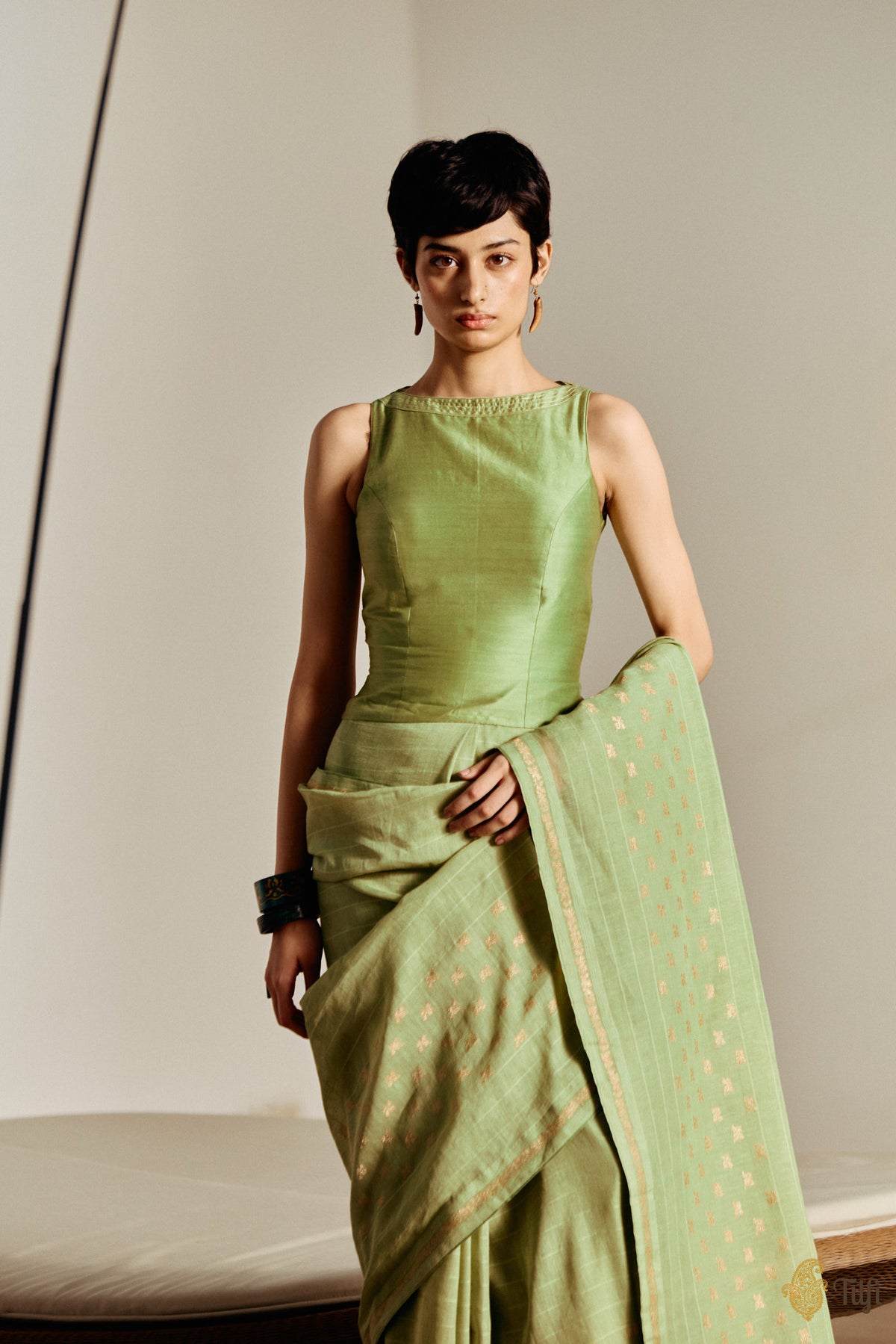 Green Pure Silk Cotton Long Blouse with Tie-up