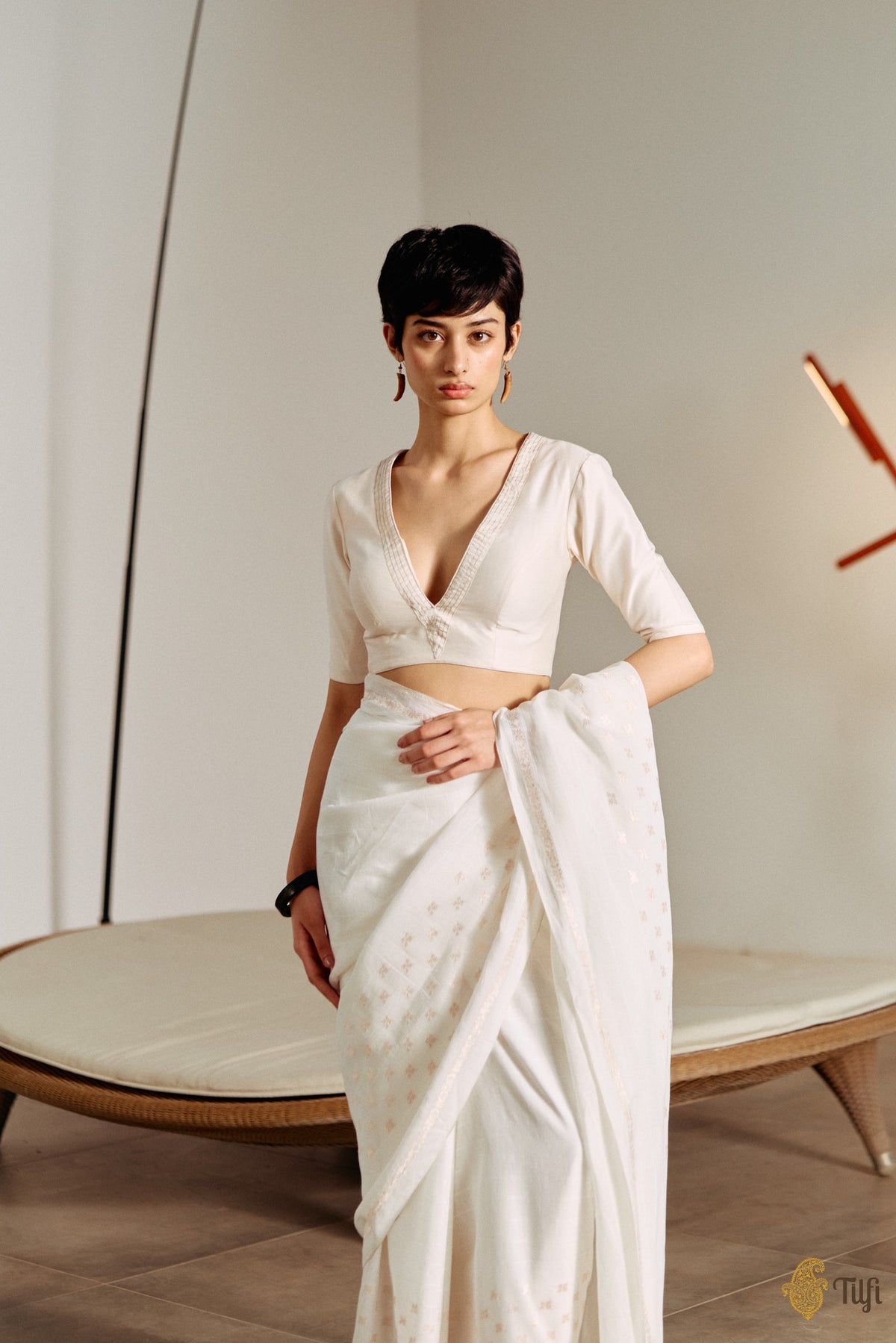 Off-White Pure Silk Cotton Elbow-Sleeved Blouse