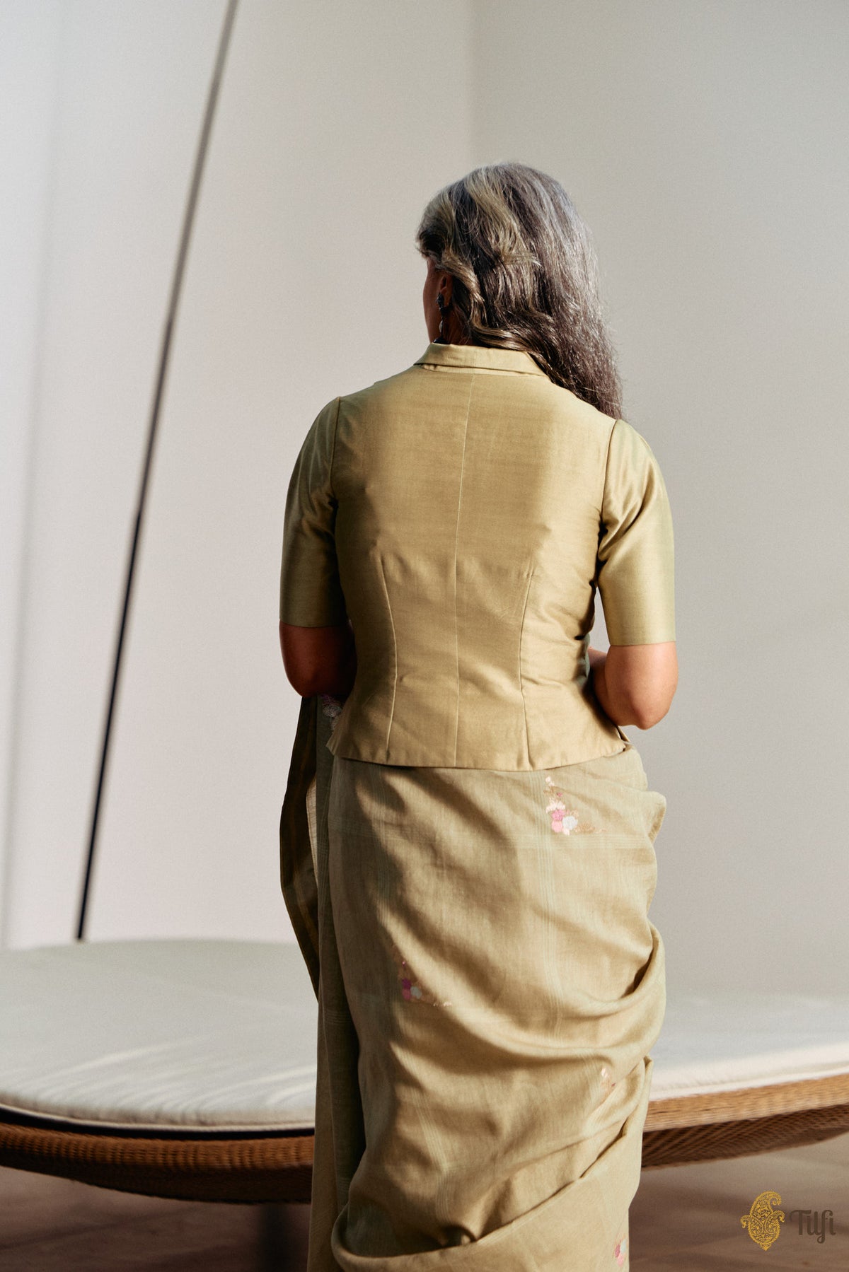 Sage Green Pure Silk Cotton Waistcoat Style Blouse