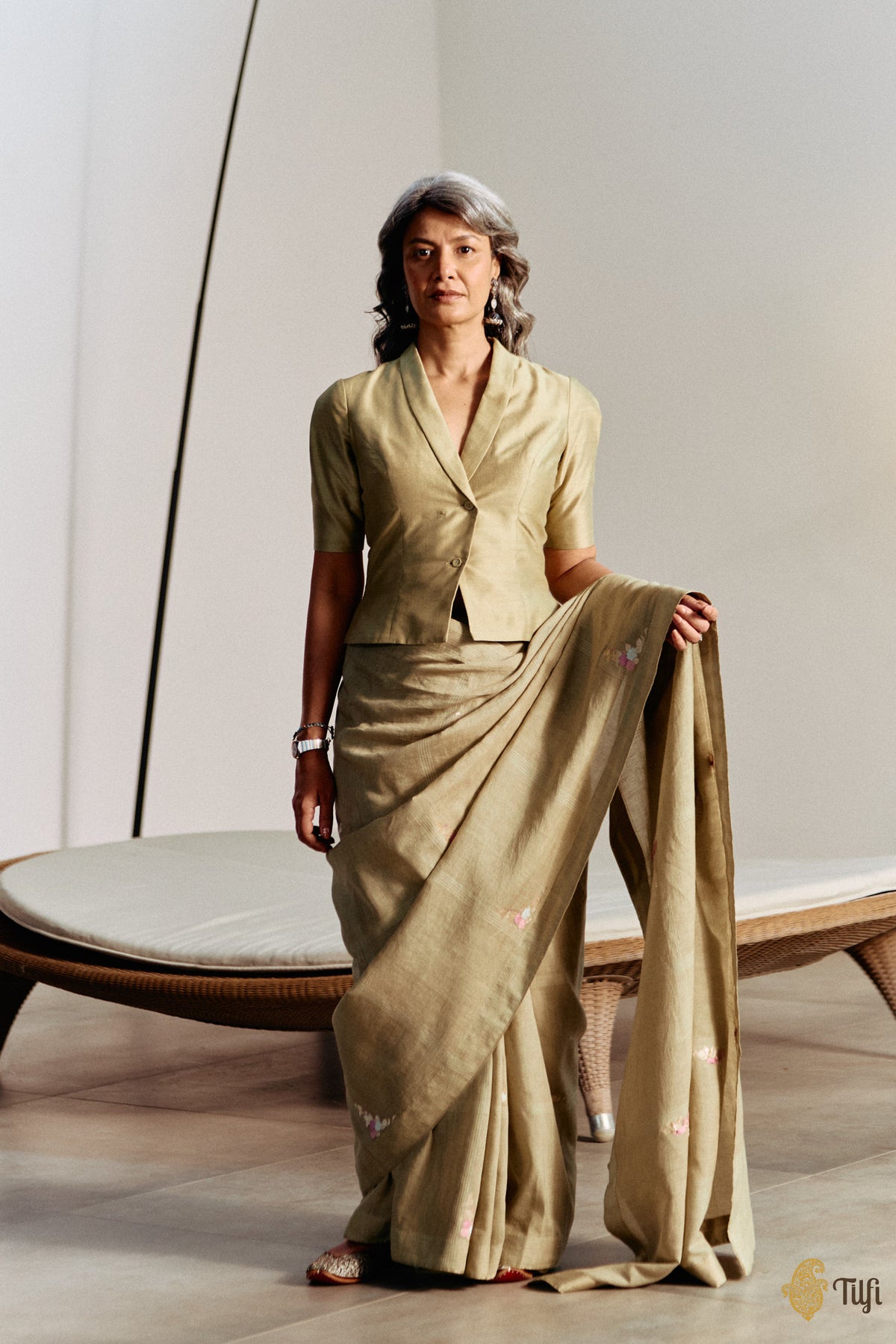 Sage Green Pure Silk Cotton Waistcoat Style Blouse