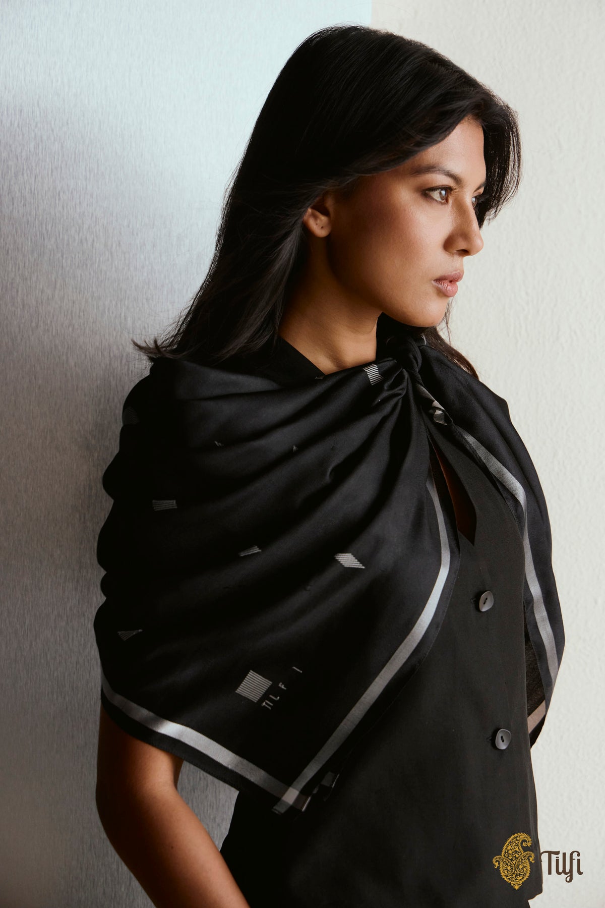 Black Grid Pure Silk Twill Scarf