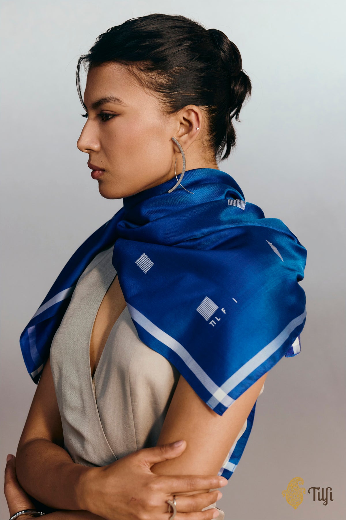Midnight Blue Grid Pure Silk Twill Scarf