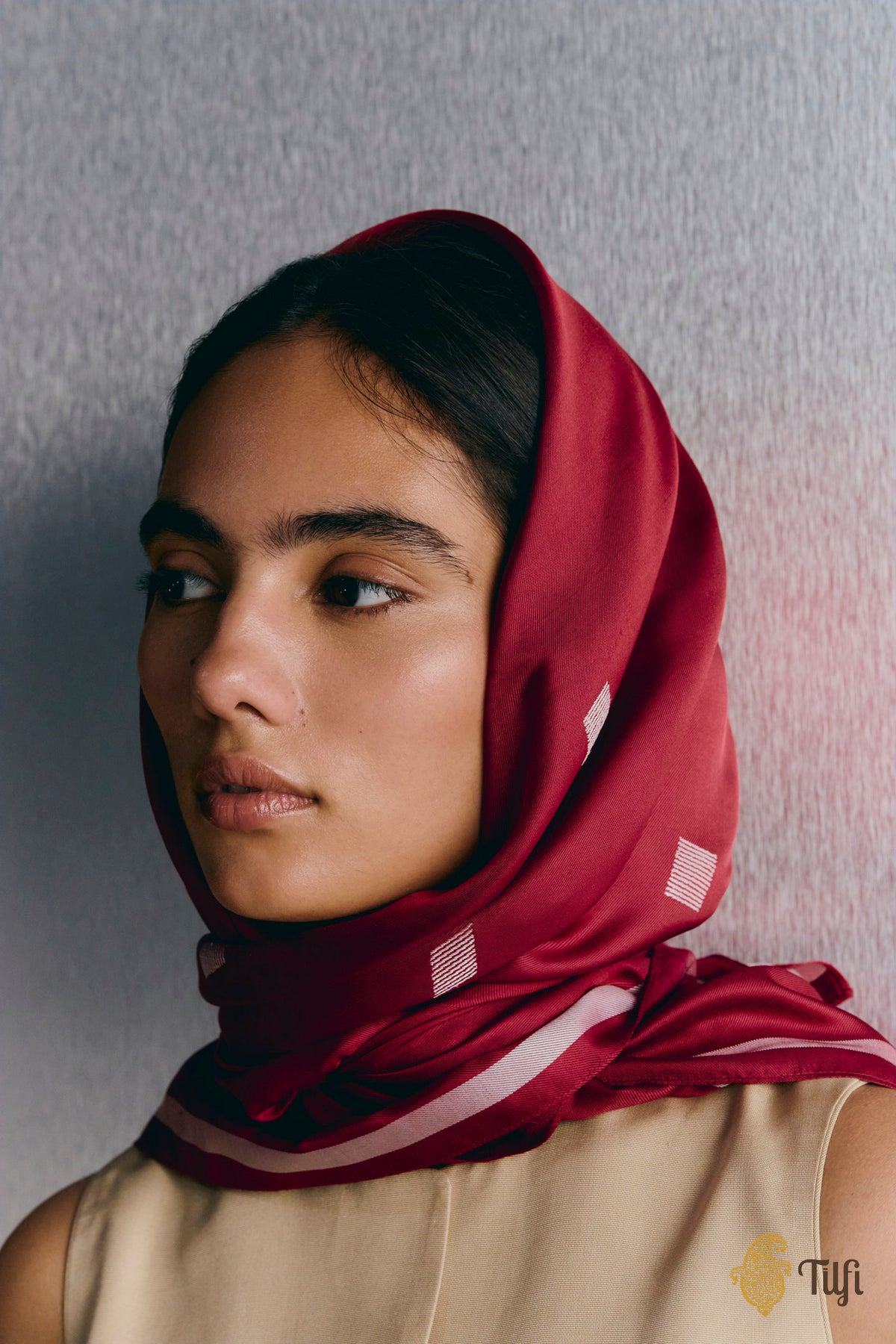 Maroon Grid Pure Silk Twill Scarf