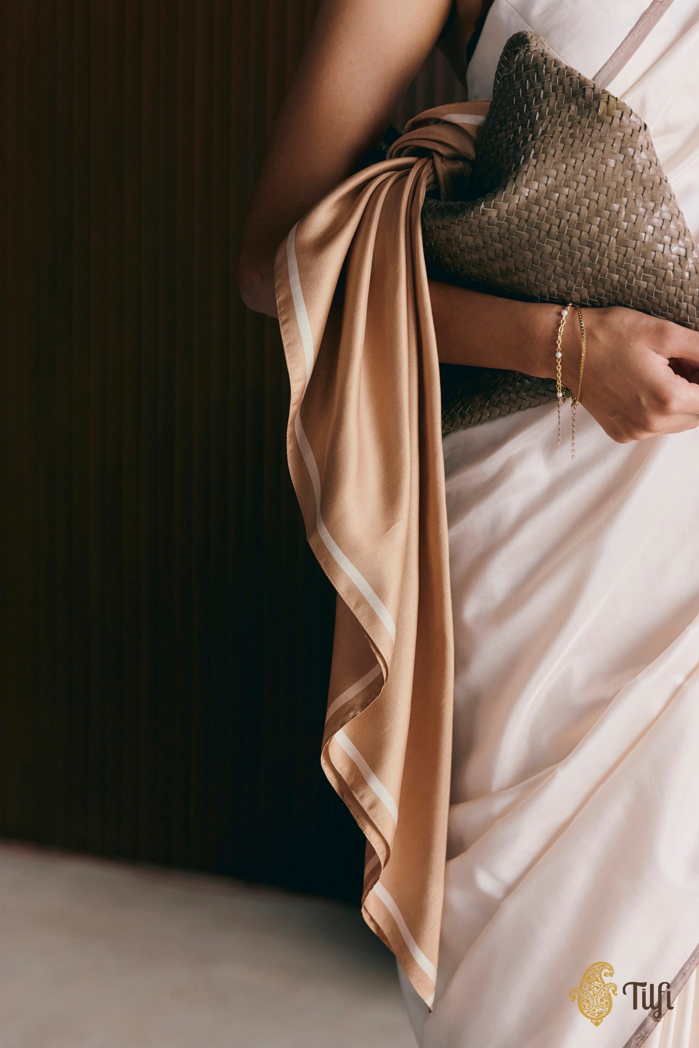 Light Brown Pure Silk Twill Scarf - Tilfi