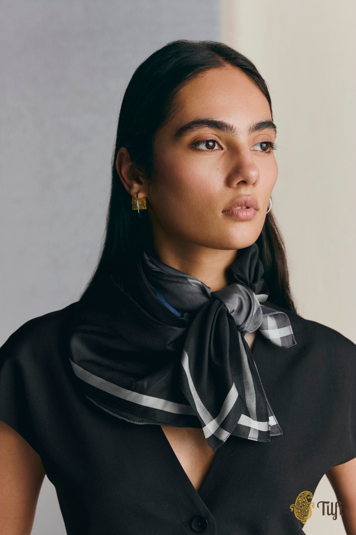 Black-Grey Pure Silk Twill Scarf