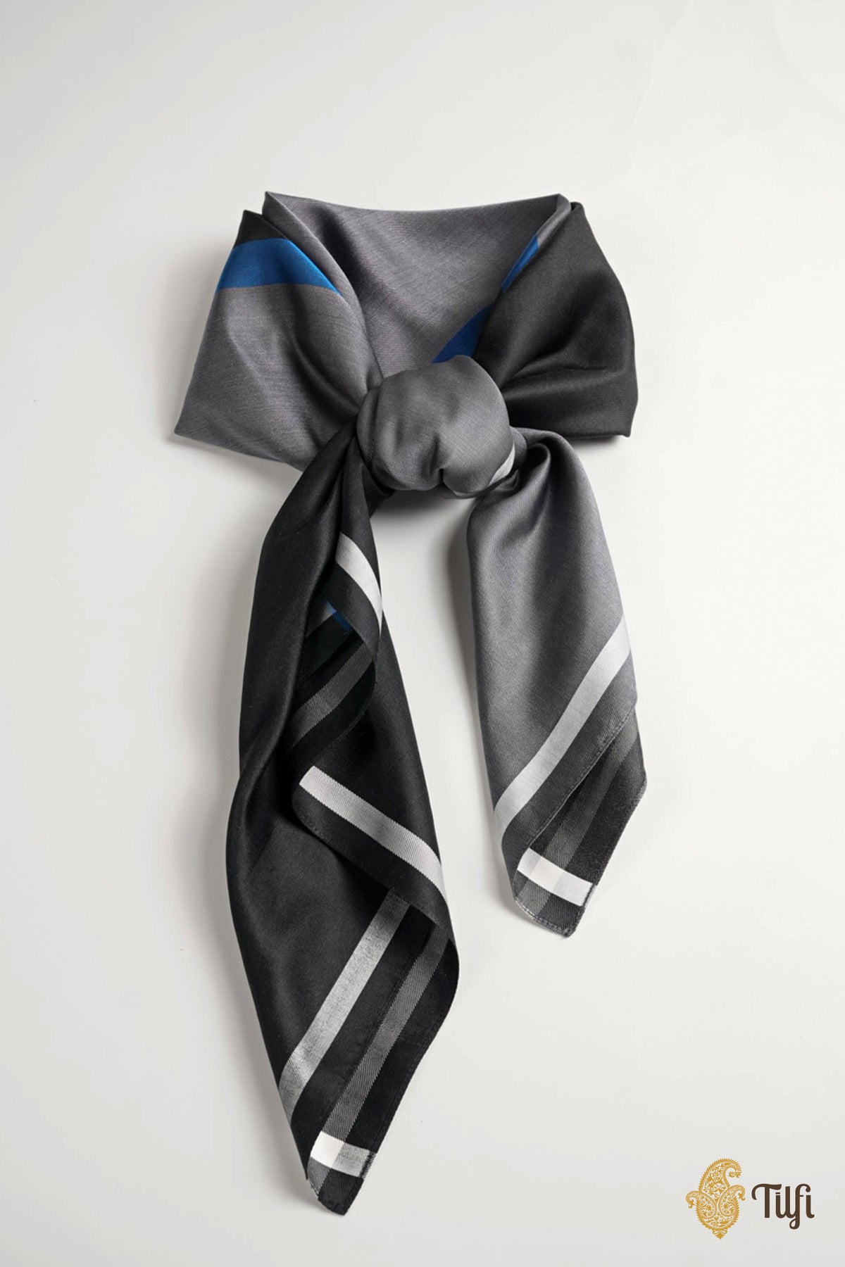 Black-Grey Pure Silk Twill Scarf