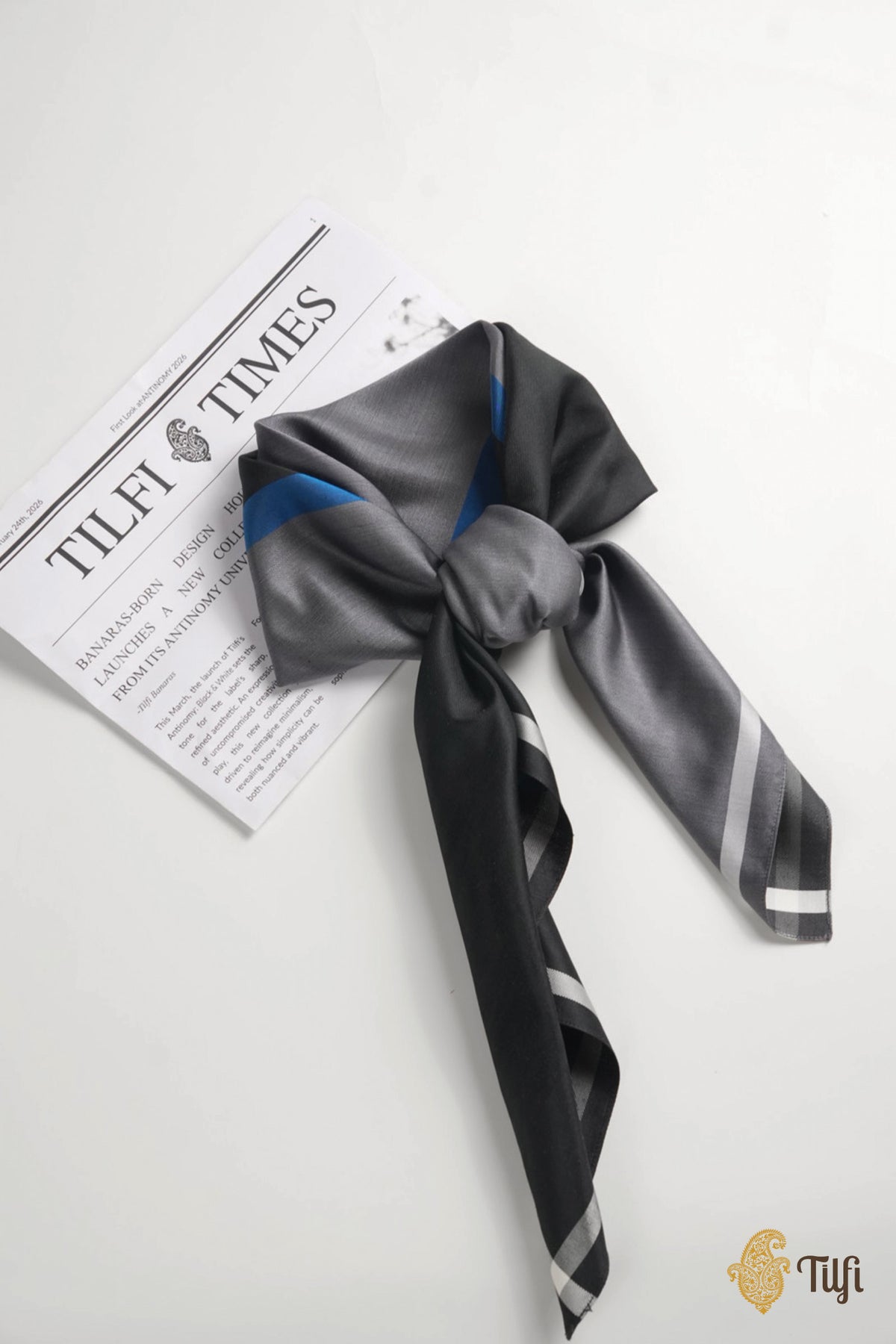 Black-Grey Pure Silk Twill Scarf