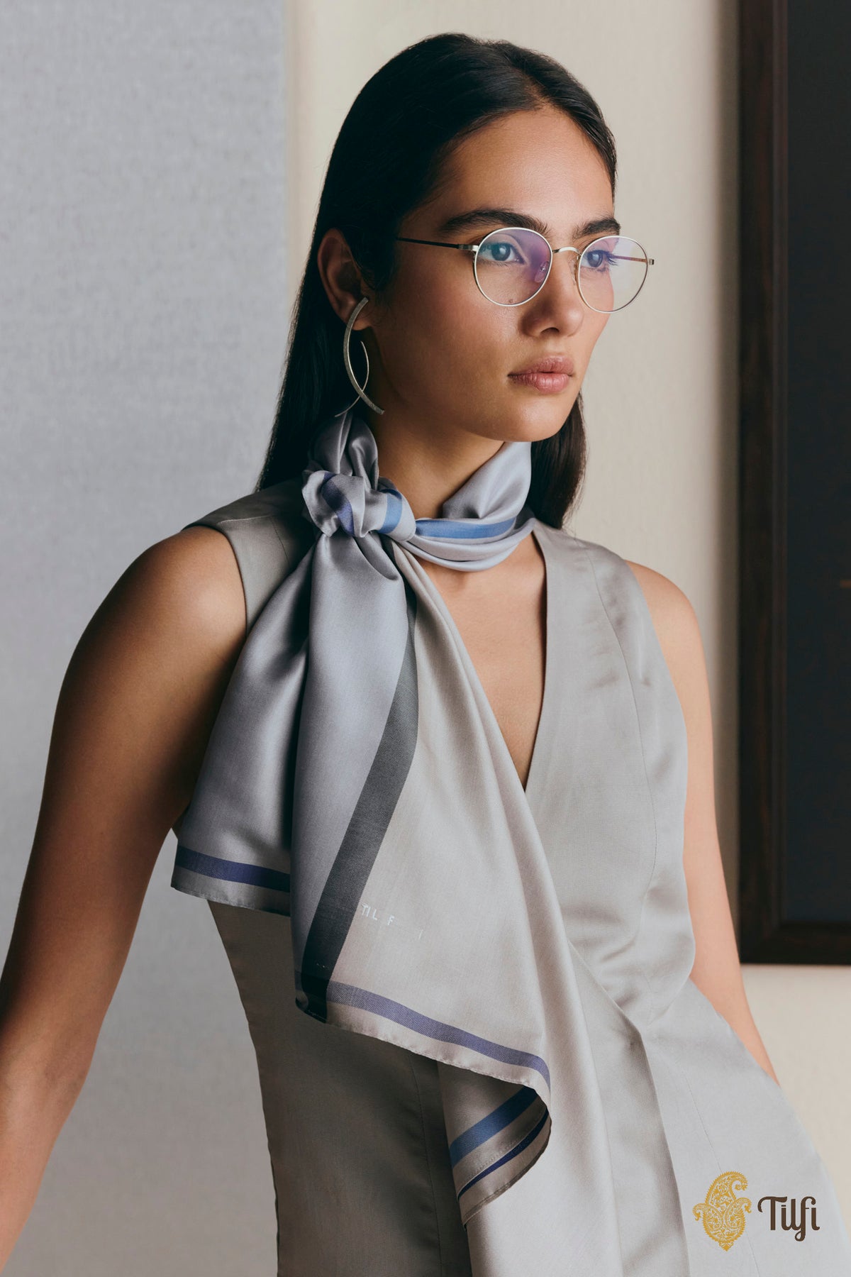 Grey Pure Silk Twill Scarf