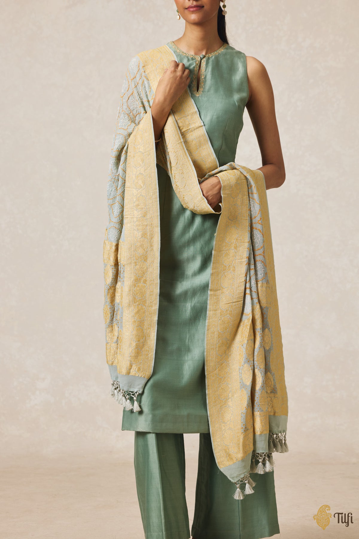 Pre-Order: Dusty Blue Pure Georgette Banarasi Handloom Bandhani Dupatta