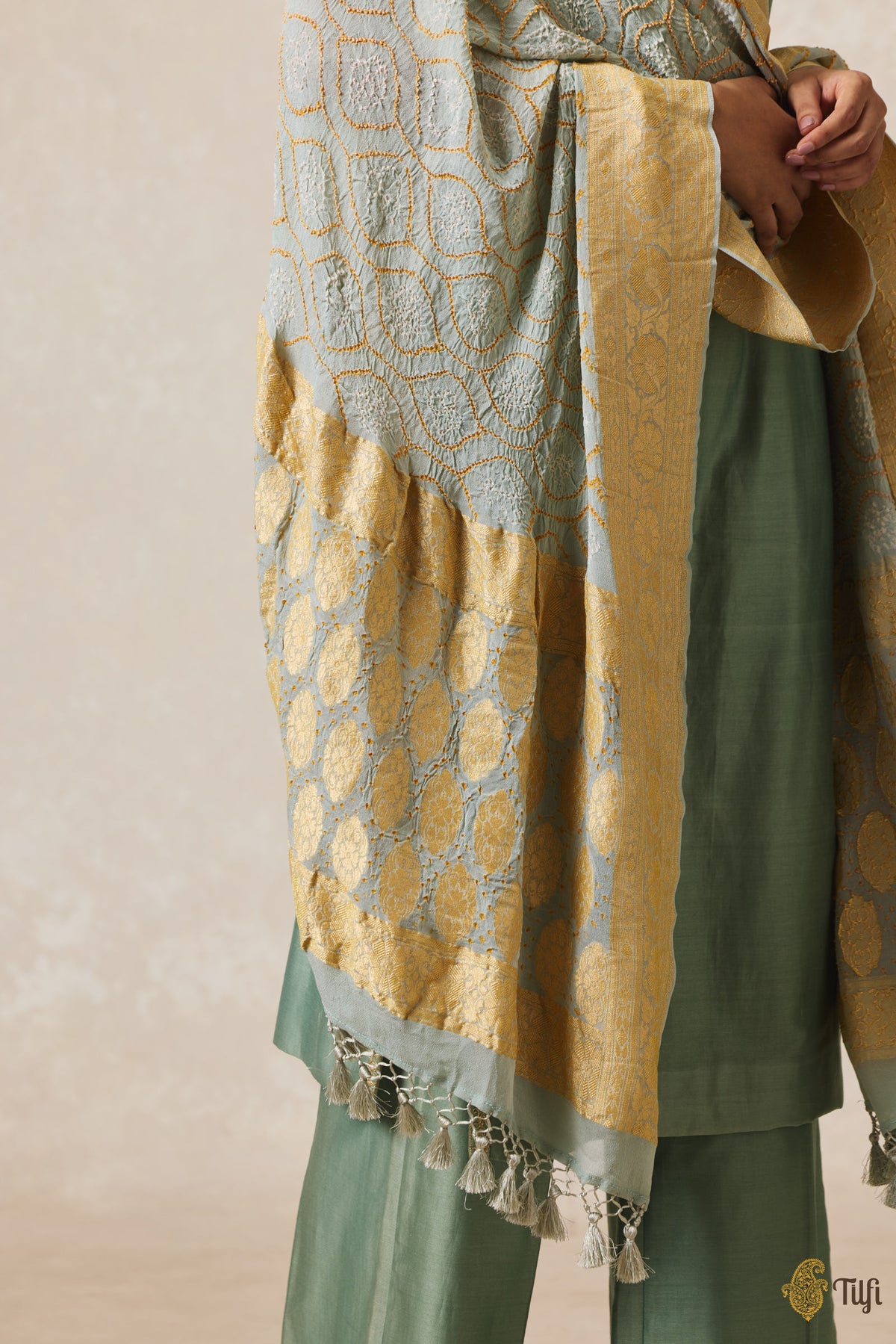 Pre-Order: Dusty Blue Pure Georgette Banarasi Handloom Bandhani Dupatta