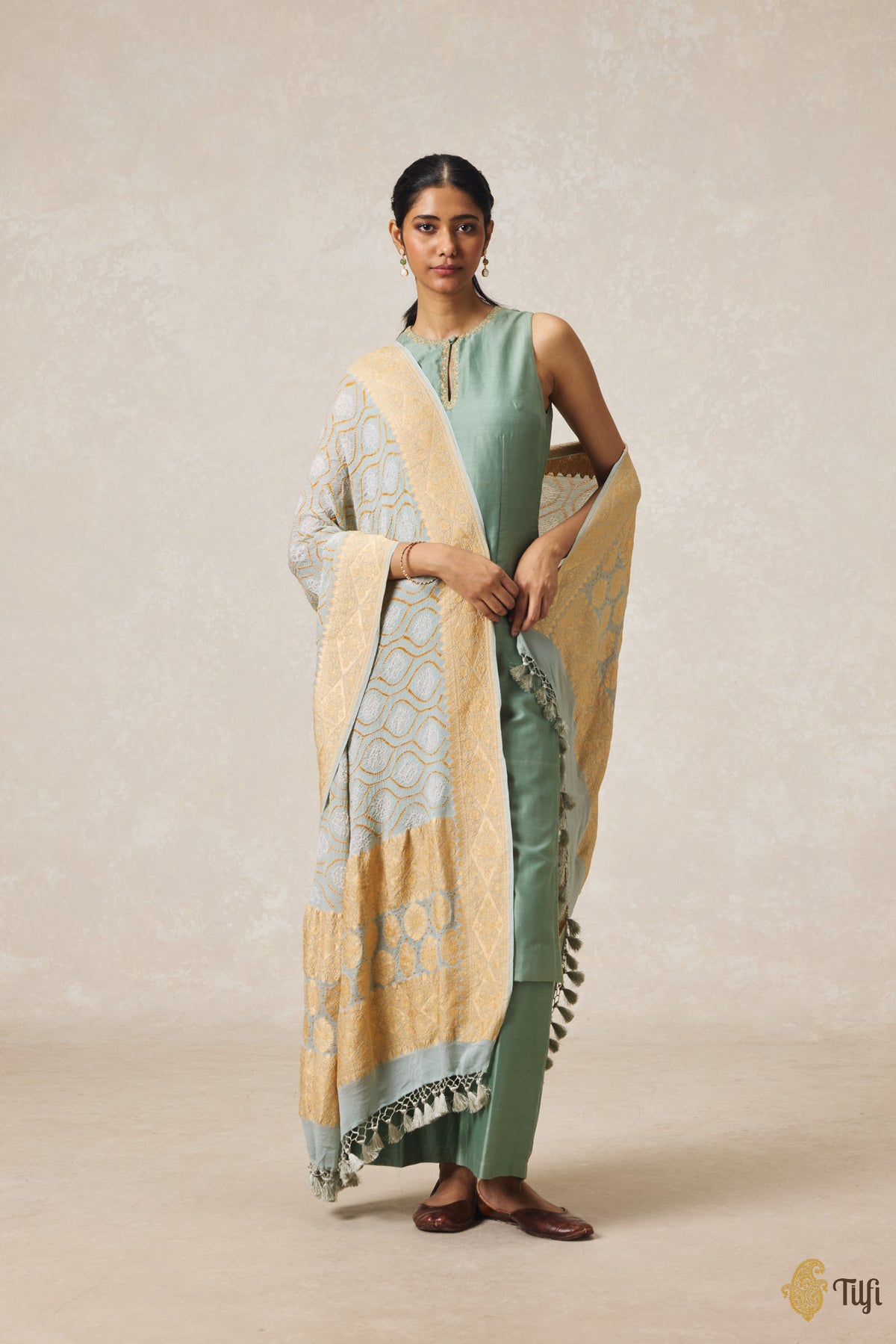 Dusty Blue Pure Georgette Banarasi Handloom Bandhani Dupatta