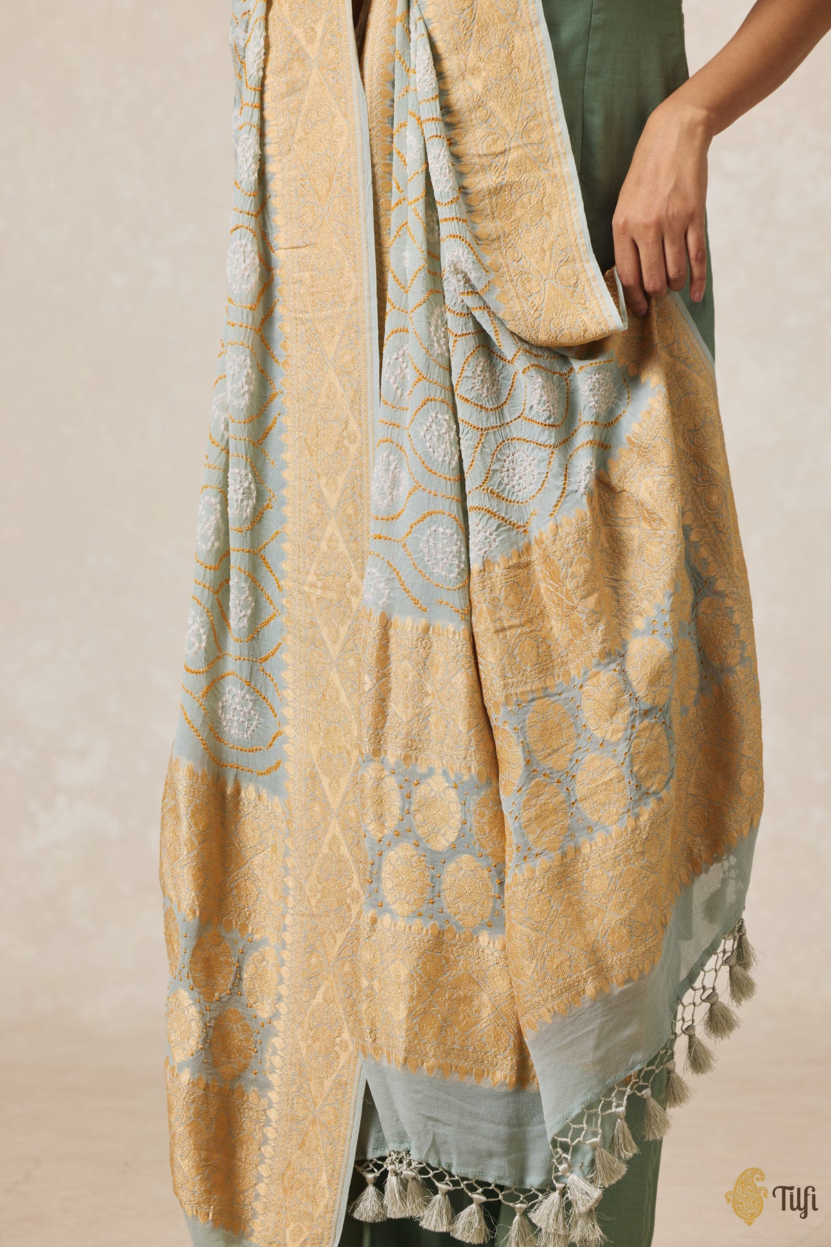 Dusty Blue Pure Georgette Banarasi Handloom Bandhani Dupatta
