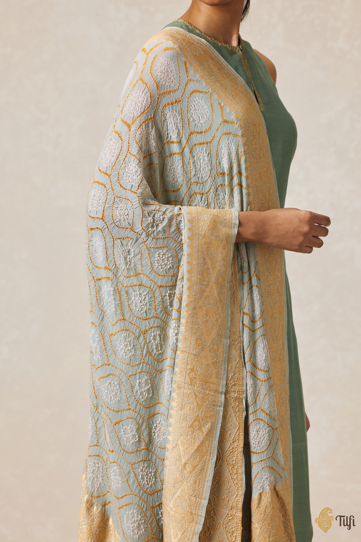 Dusty Blue Pure Georgette Banarasi Handloom Bandhani Dupatta