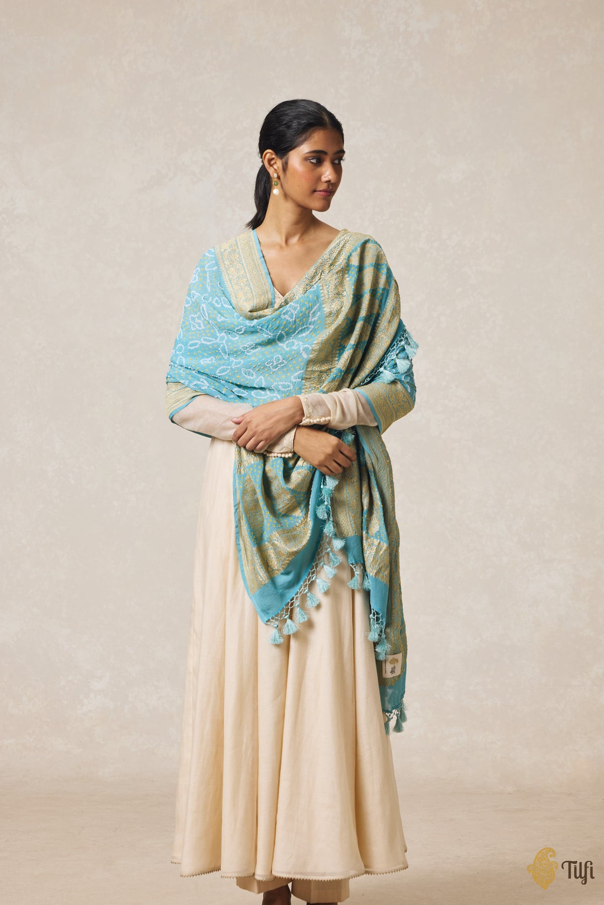 Firozi Blue Pure Georgette Banarasi Handloom Bandhani Dupatta