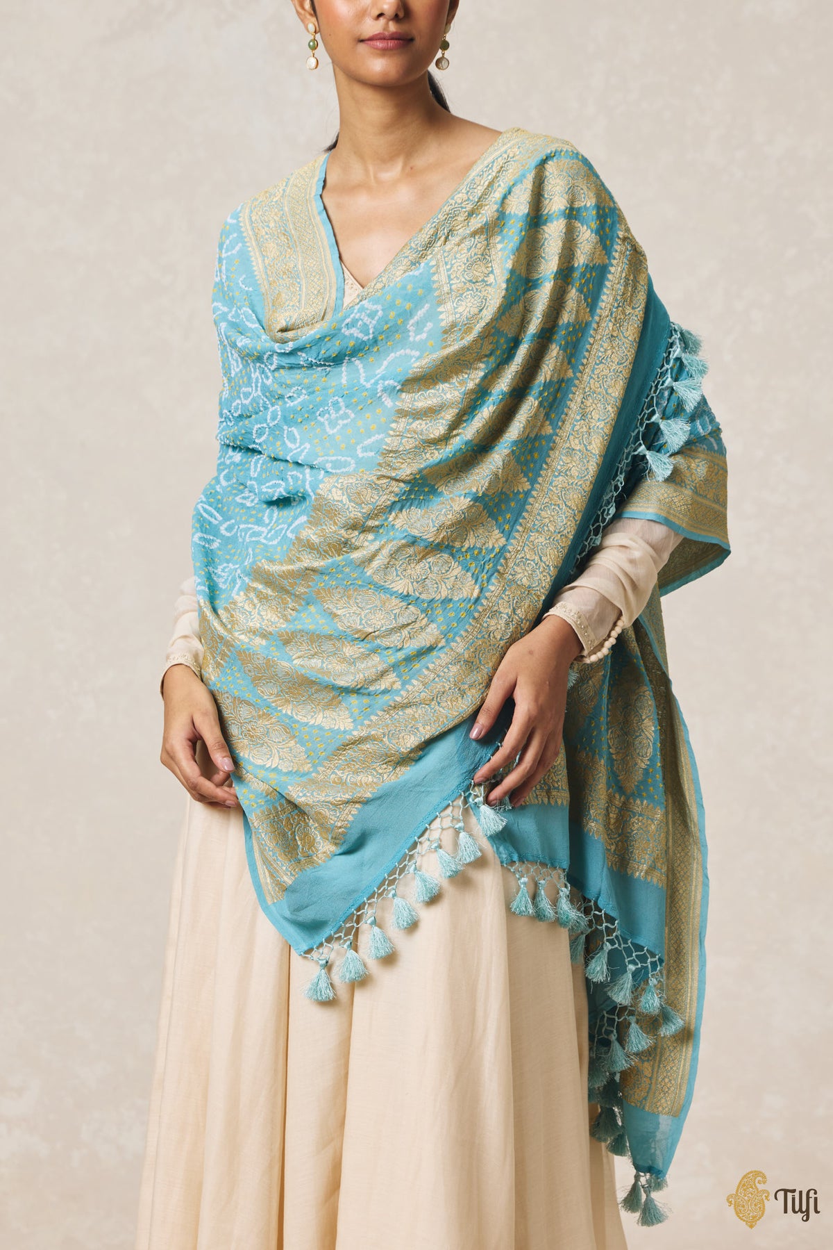 Firozi Blue Pure Georgette Banarasi Handloom Bandhani Dupatta
