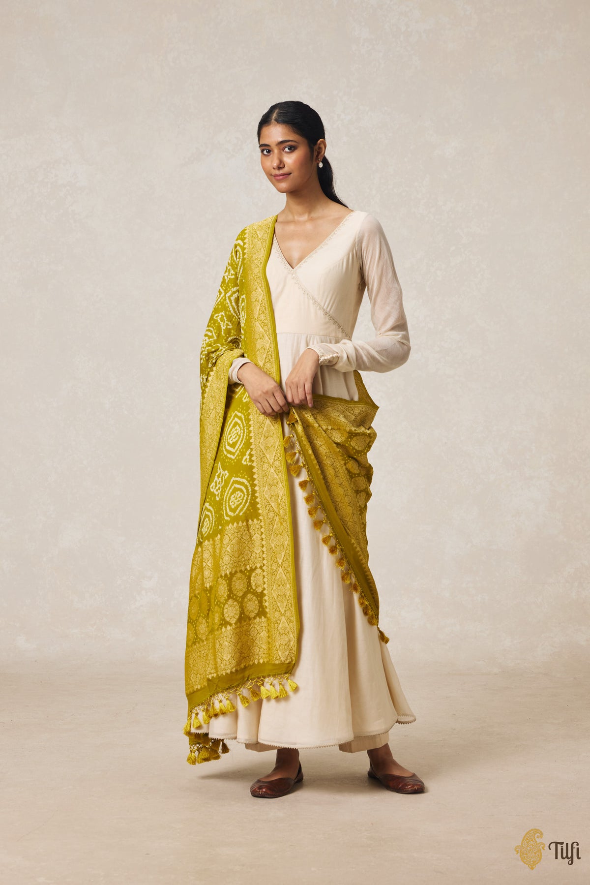 Ochre Green Pure Georgette Banarasi Handloom Bandhani Dupatta