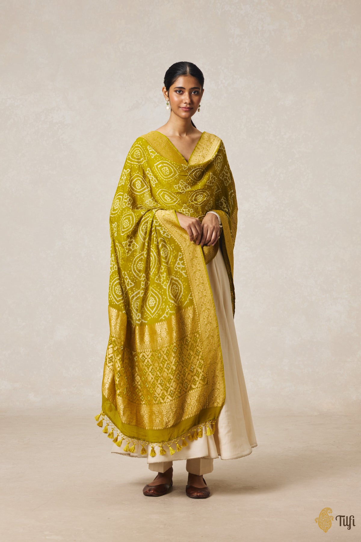 Ochre Green Pure Georgette Banarasi Handloom Bandhani Dupatta
