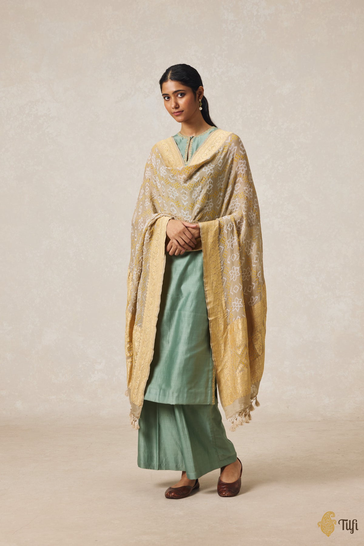 Beige Pure Georgette Banarasi Handloom Bandhani Dupatta