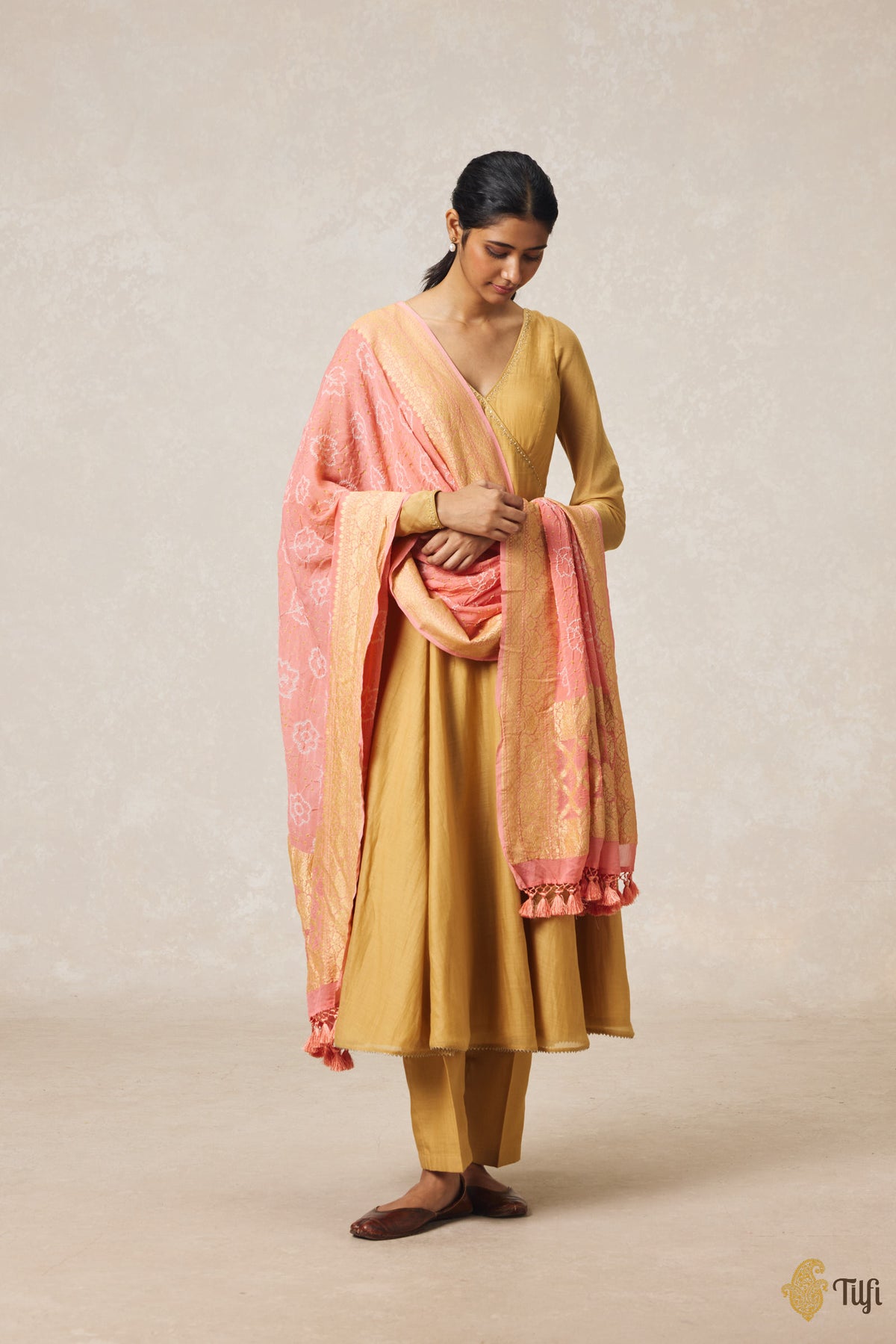 Pre-Order: Light Coral Peach Pure Georgette Banarasi Handloom Bandhani Dupatta