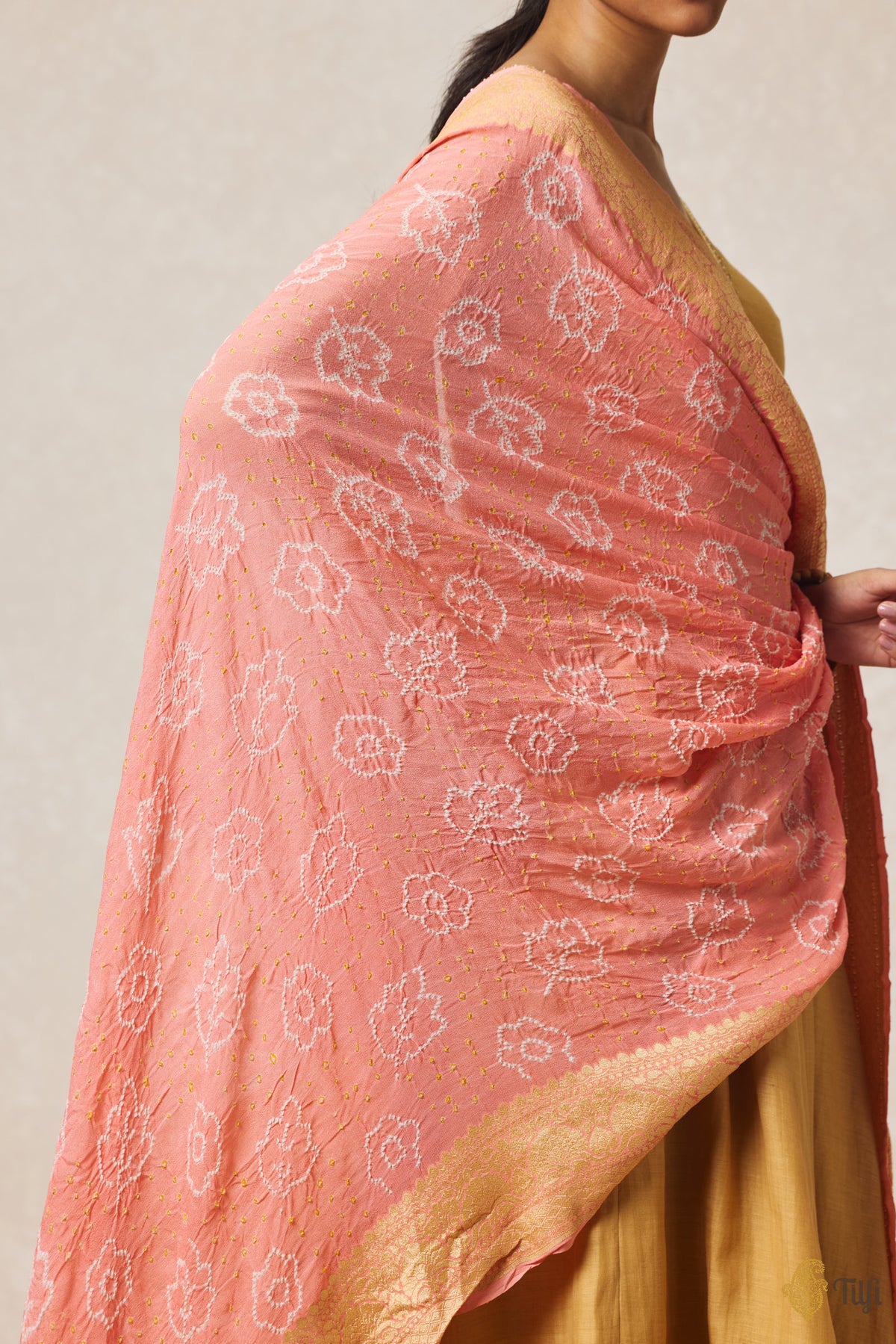 Pre-Order: Light Coral Peach Pure Georgette Banarasi Handloom Bandhani Dupatta