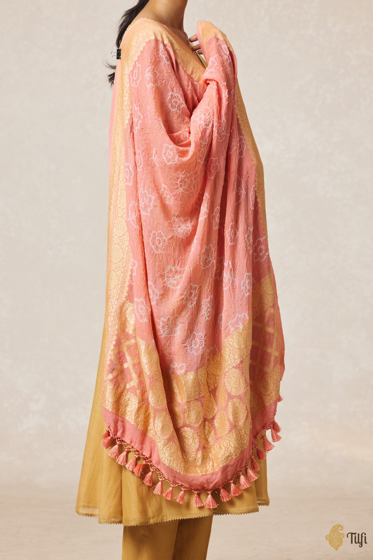 Pre-Order: Light Coral Peach Pure Georgette Banarasi Handloom Bandhani Dupatta