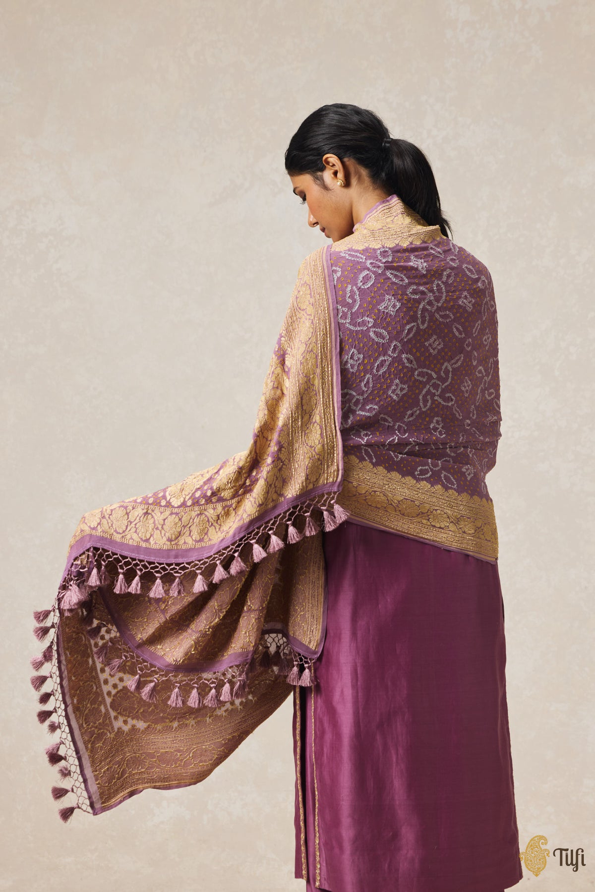 Mauve Pink Pure Georgette Banarasi Handloom Bandhani Dupatta