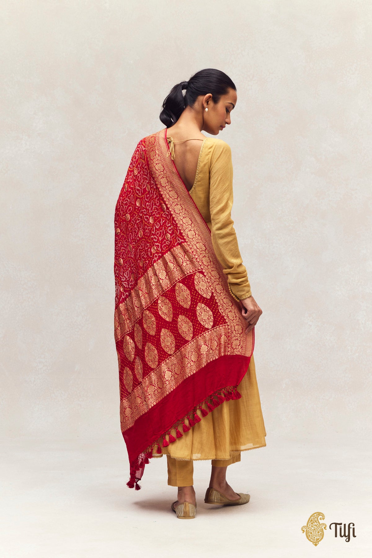 Deep Red Chiffon Georgatte Bandhani Dupatta