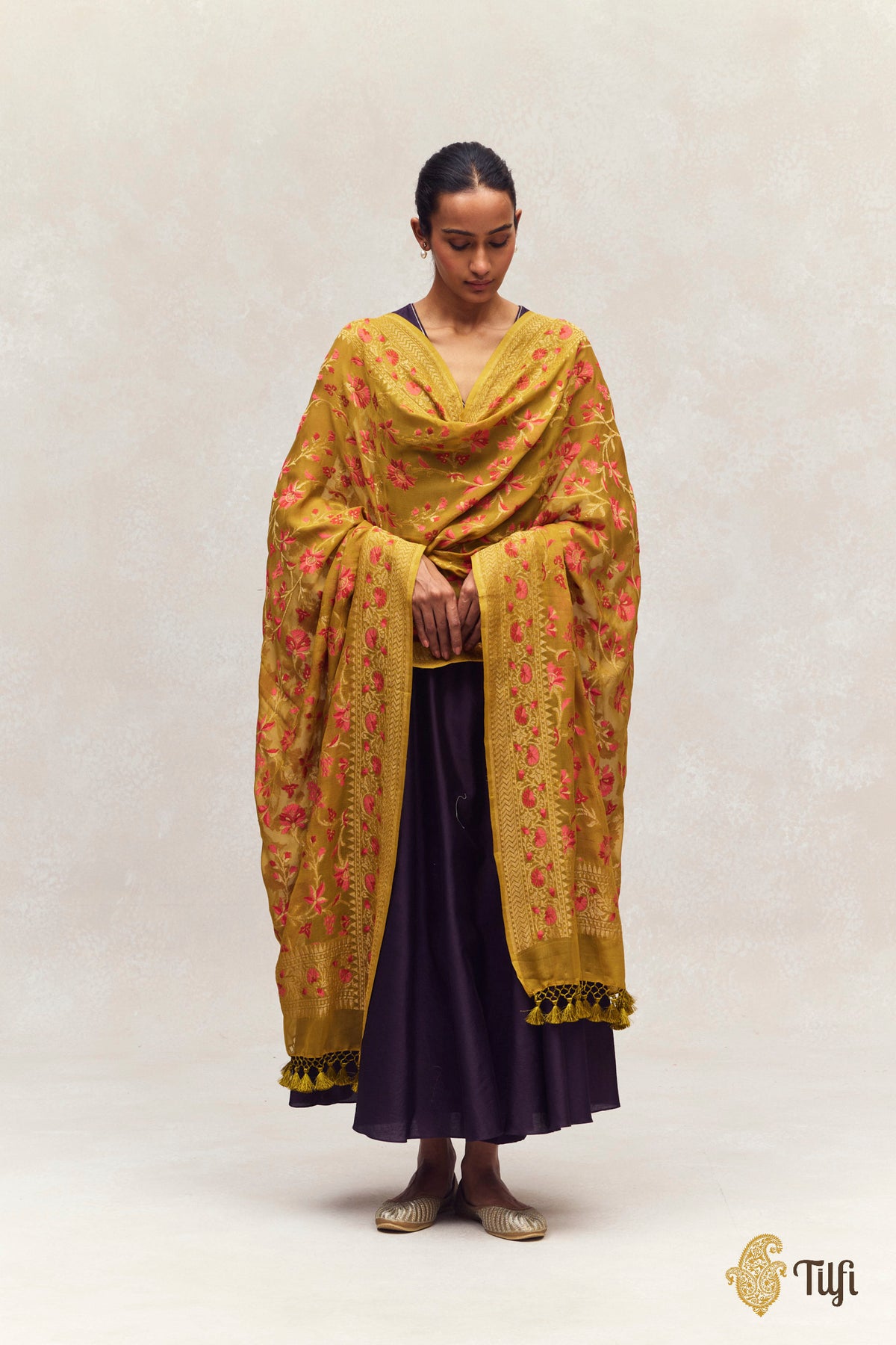 Ochre Green Pure Khaddi Georgette Banarasi Handloom Dupatta