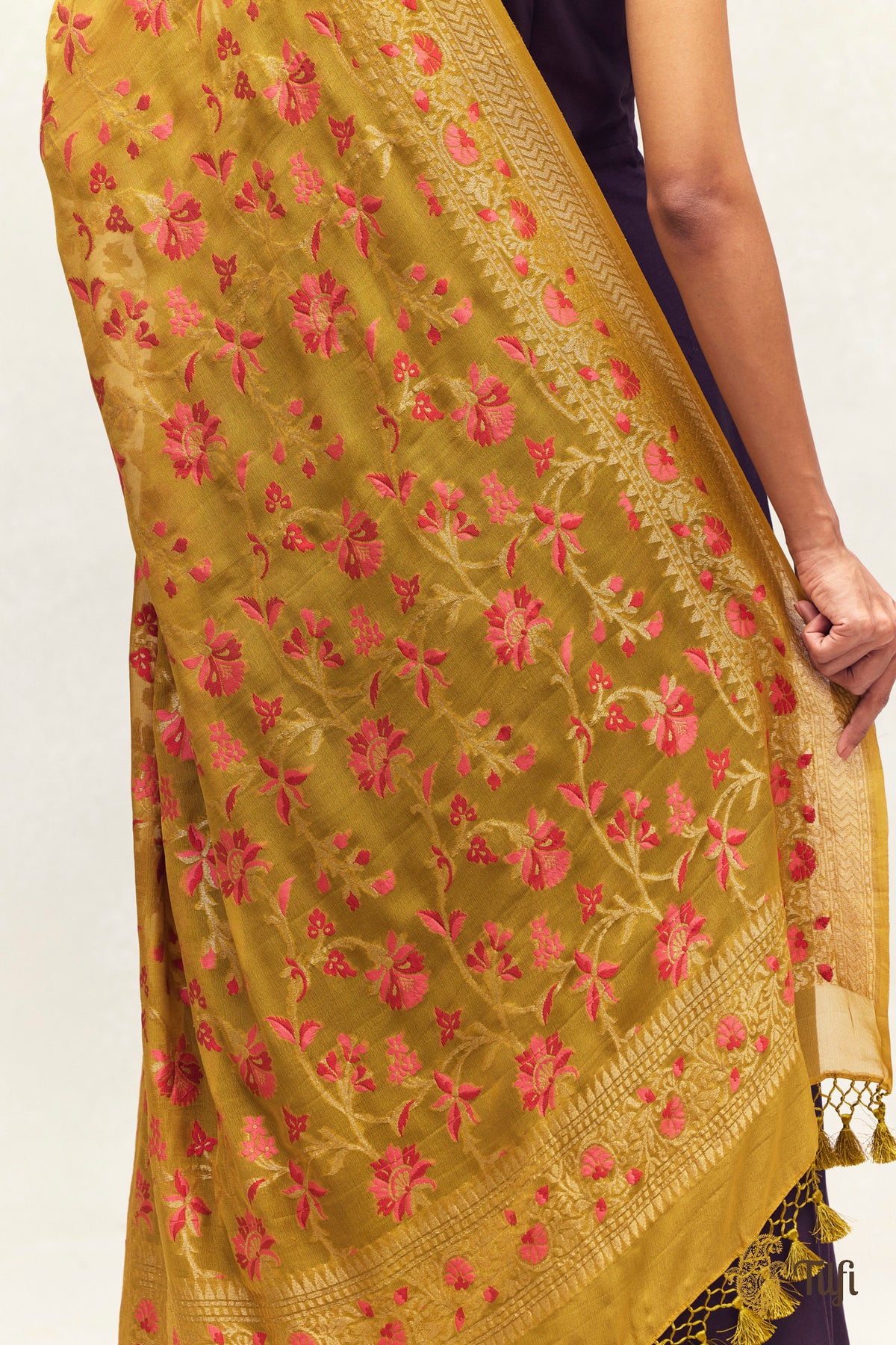 Ochre Green Pure Khaddi Georgette Banarasi Handloom Dupatta