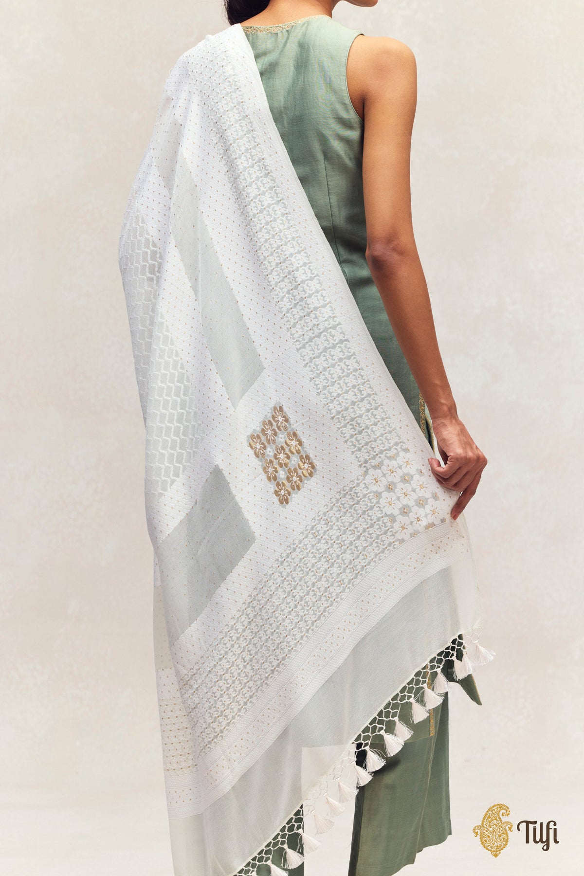 White Pure Khaddi Georgette Banarasi Handloom Dupatta