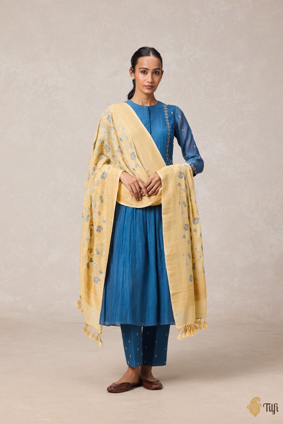 Light Yellow Pure Khaddi Georgette Banarasi Handloom Dupatta