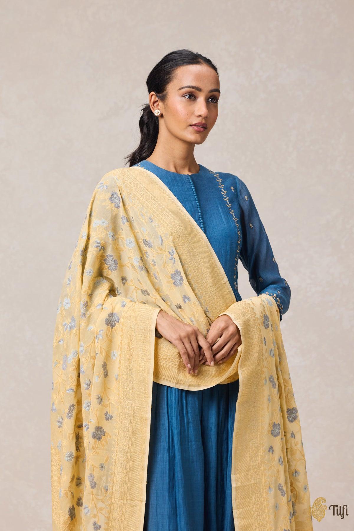 Light Yellow Pure Khaddi Georgette Banarasi Handloom Dupatta