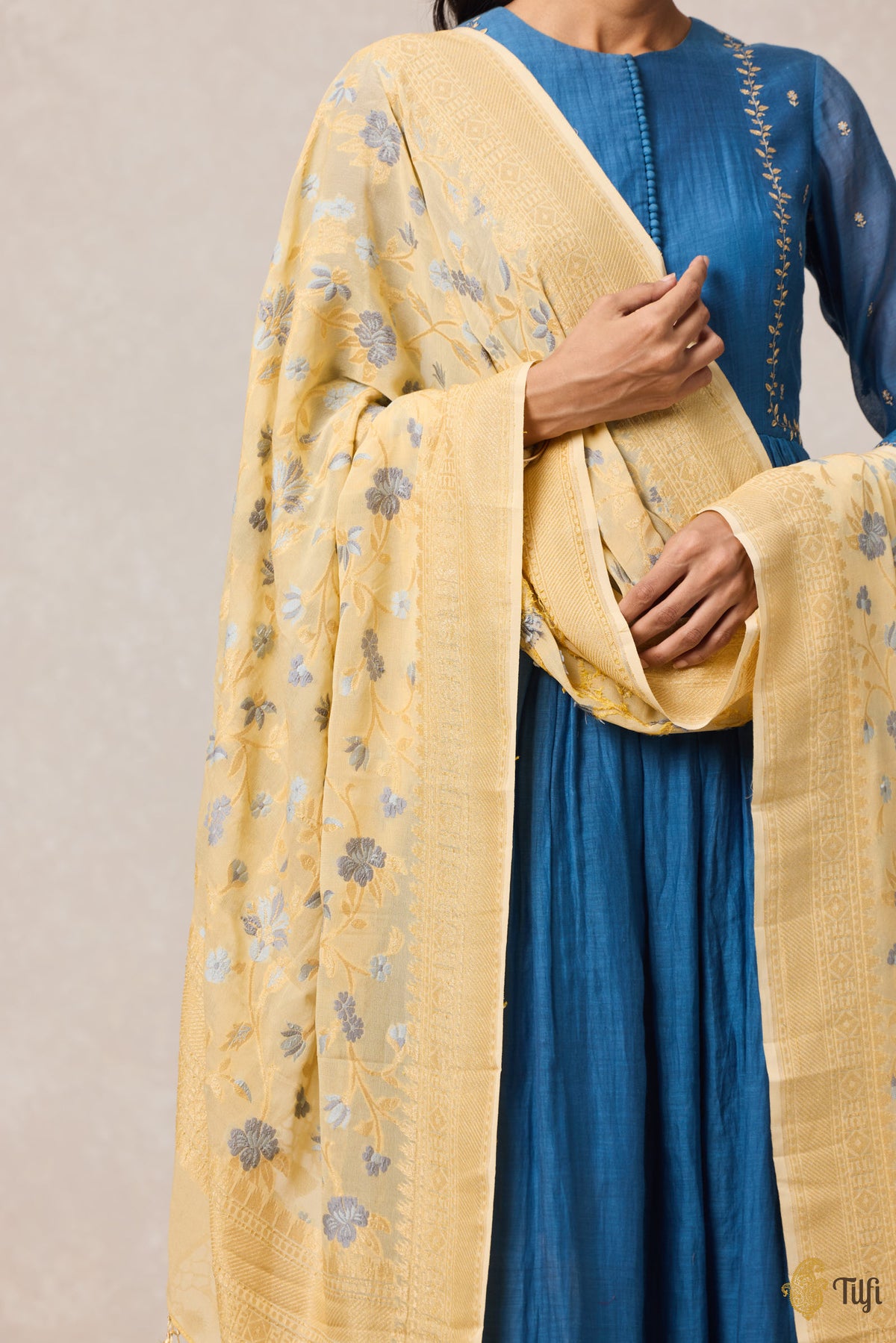 Light Yellow Pure Khaddi Georgette Banarasi Handloom Dupatta