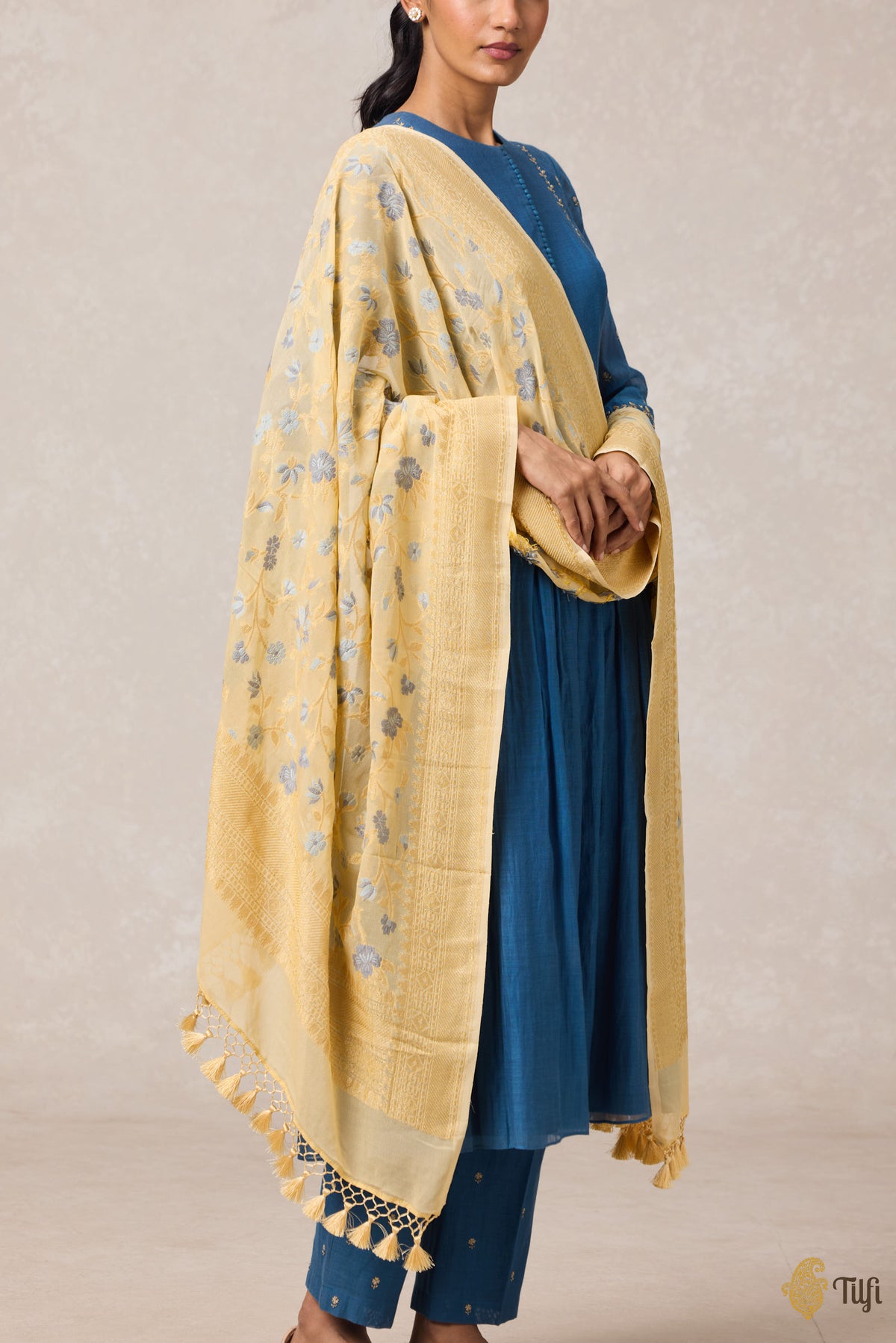 Light Yellow Pure Khaddi Georgette Banarasi Handloom Dupatta