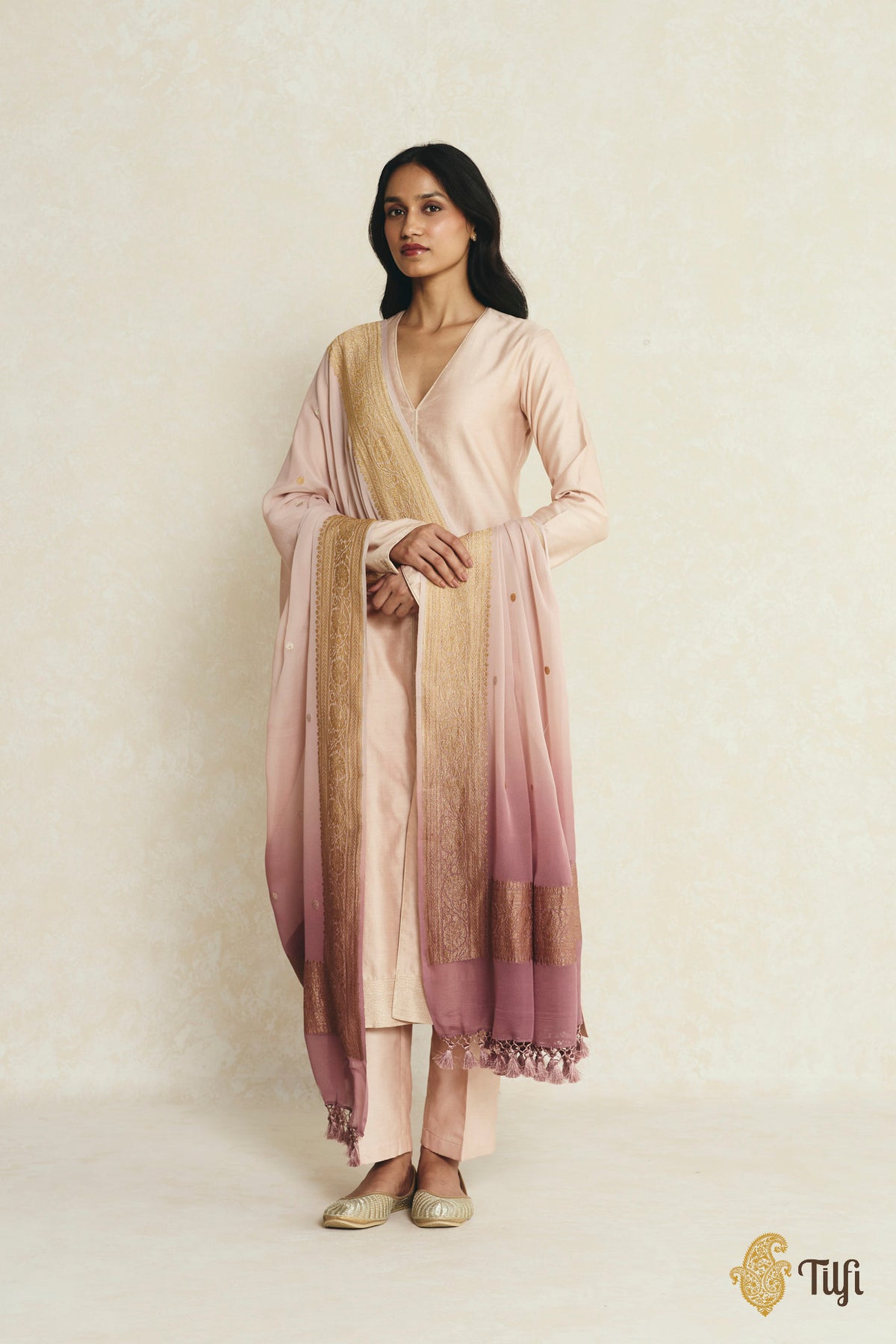 Rosy Brown Ombré Pure Khaddi Georgette Banarasi Handloom Dupatta