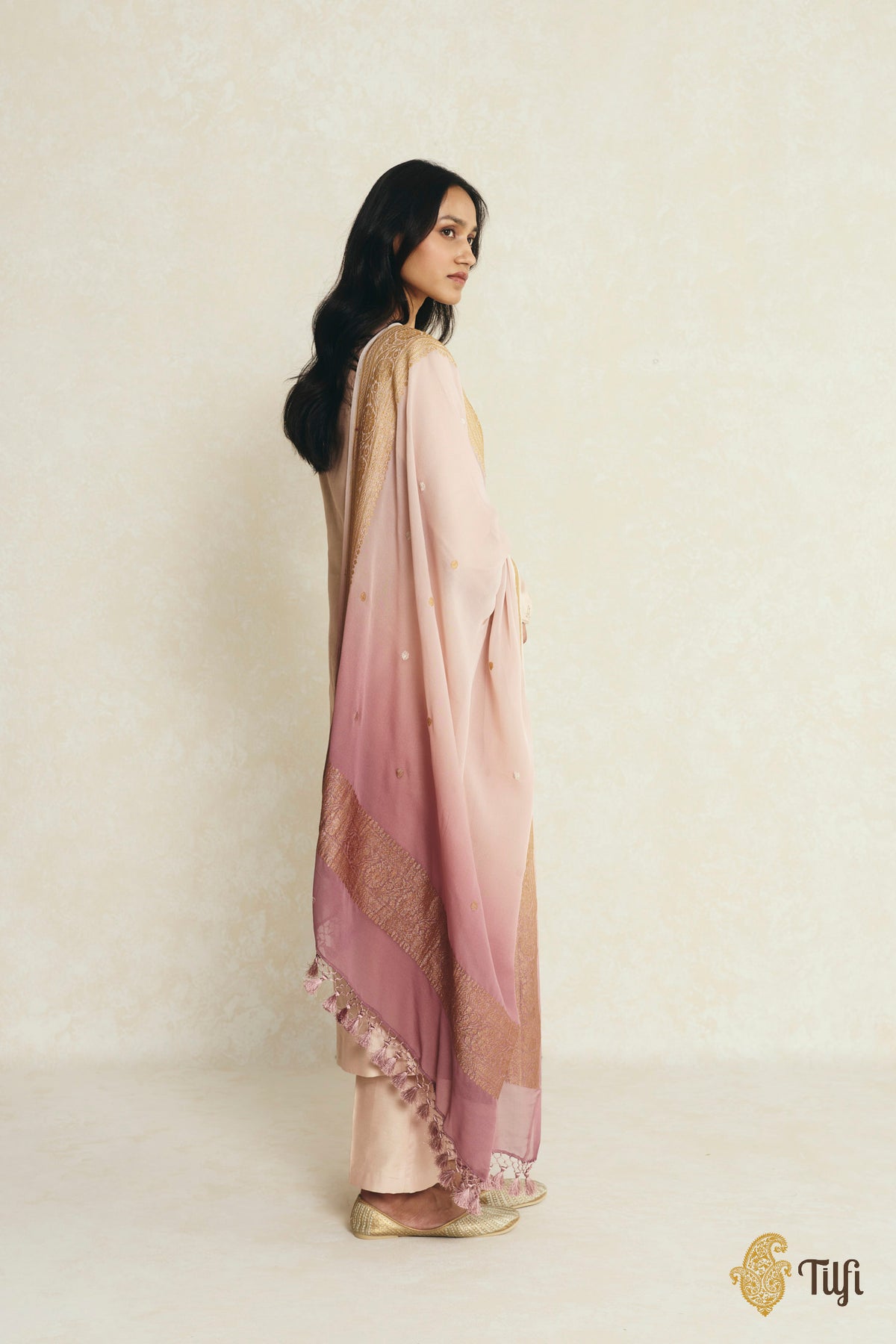Rosy Brown Ombré Pure Khaddi Georgette Banarasi Handloom Dupatta