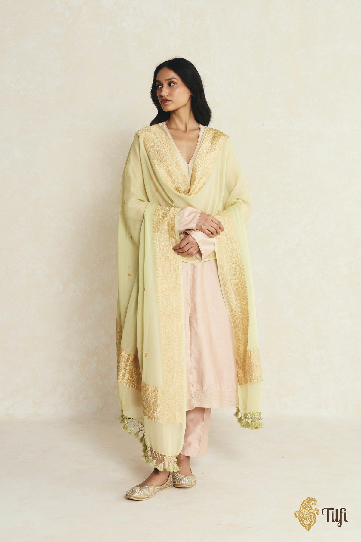 Pista Green Pure Khaddi Georgette Banarasi Handloom Dupatta