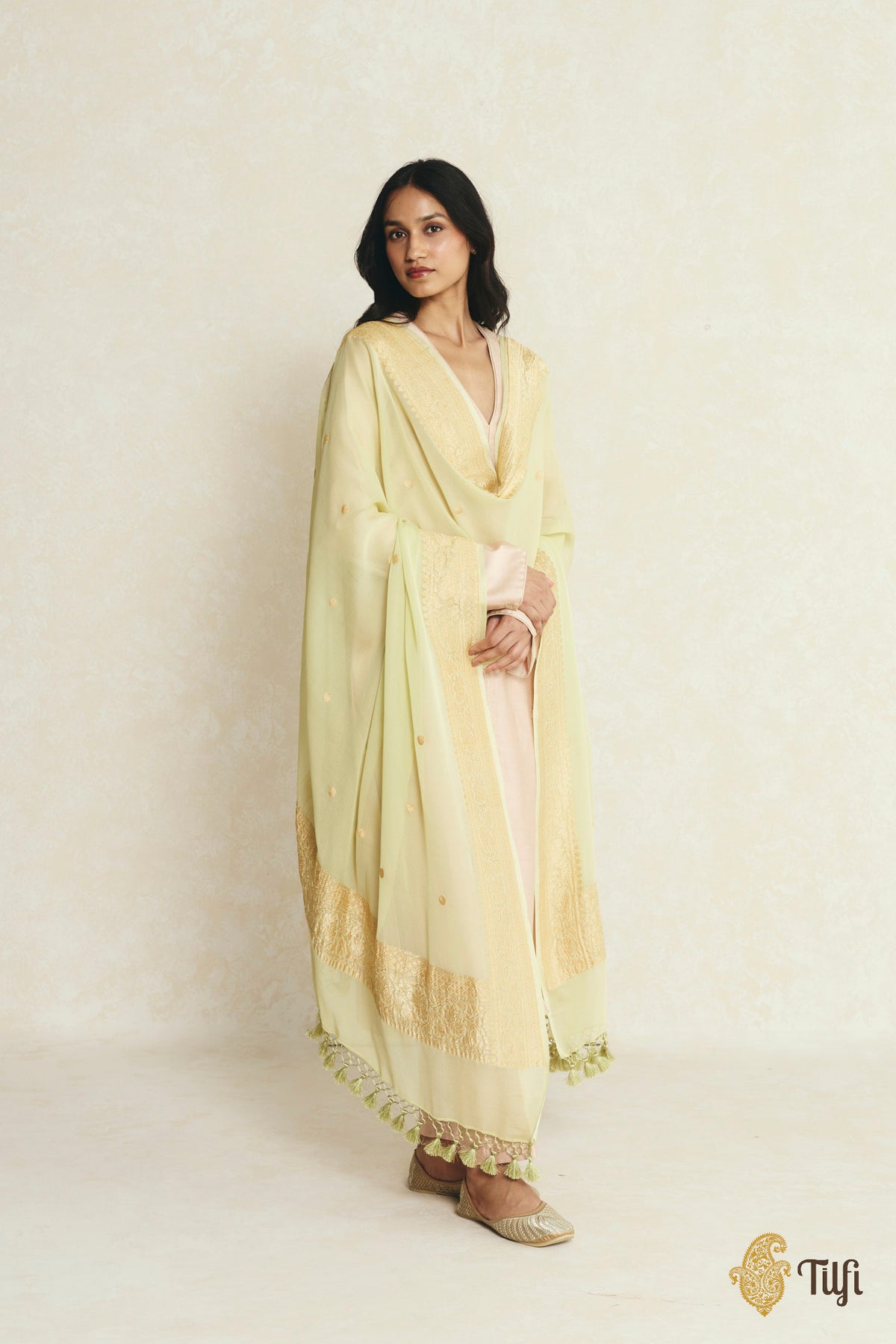 Pista Green Pure Khaddi Georgette Banarasi Handloom Dupatta