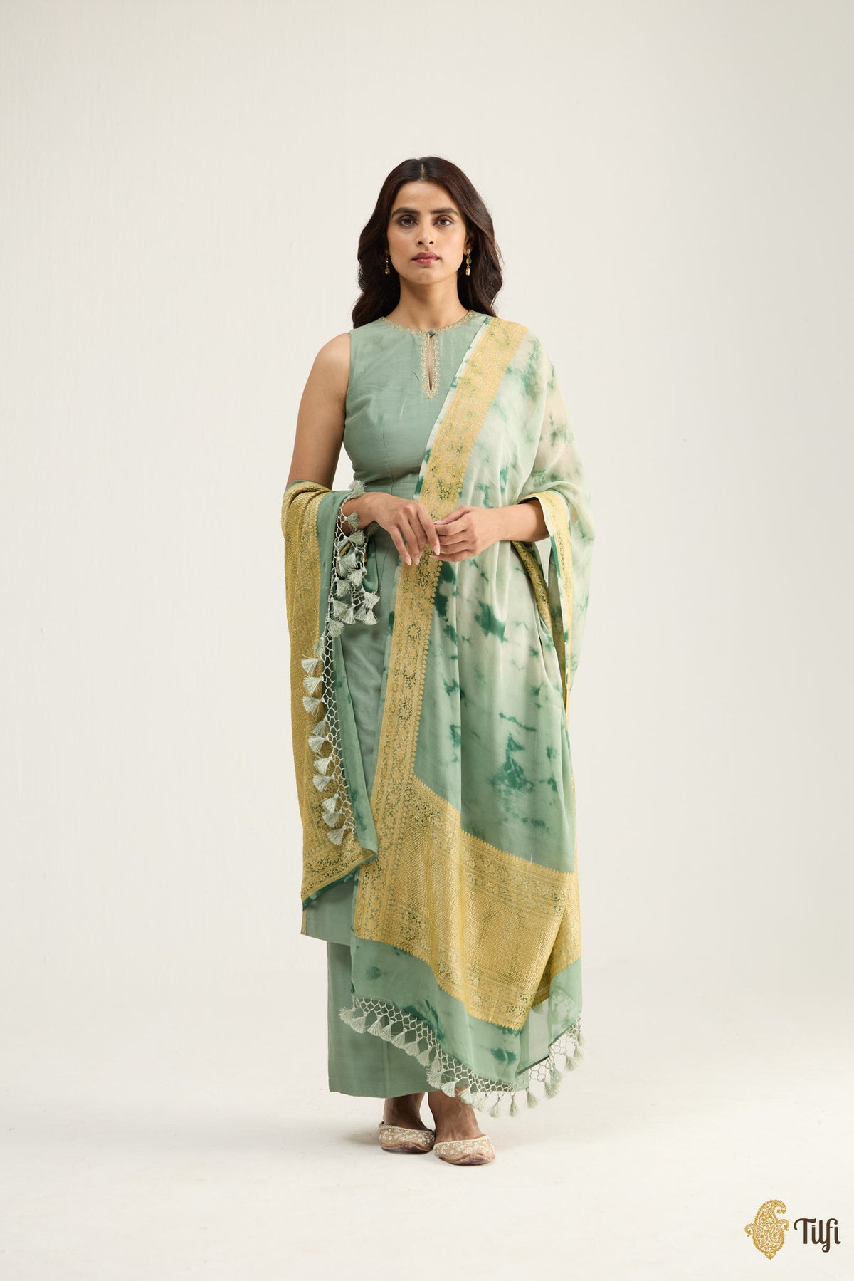 Sage Green Pure Khaddi Chiffon Georgette Hand tied-and-dyed Dupatta