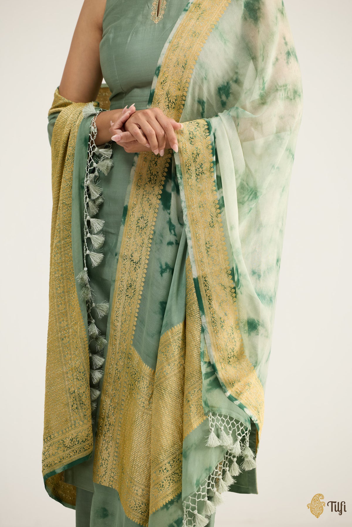 Sage Green Pure Khaddi Chiffon Georgette Hand tied-and-dyed Dupatta