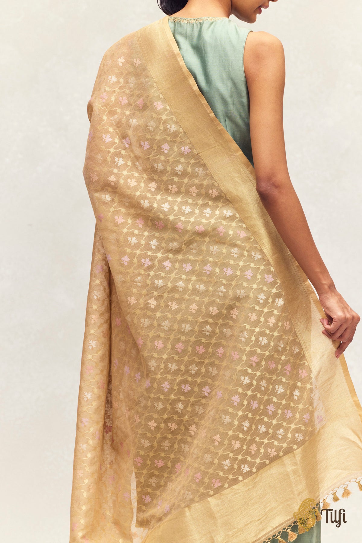 Beige Pure Cotton Jamdani Real Zari Banarasi Handloom Dupatta