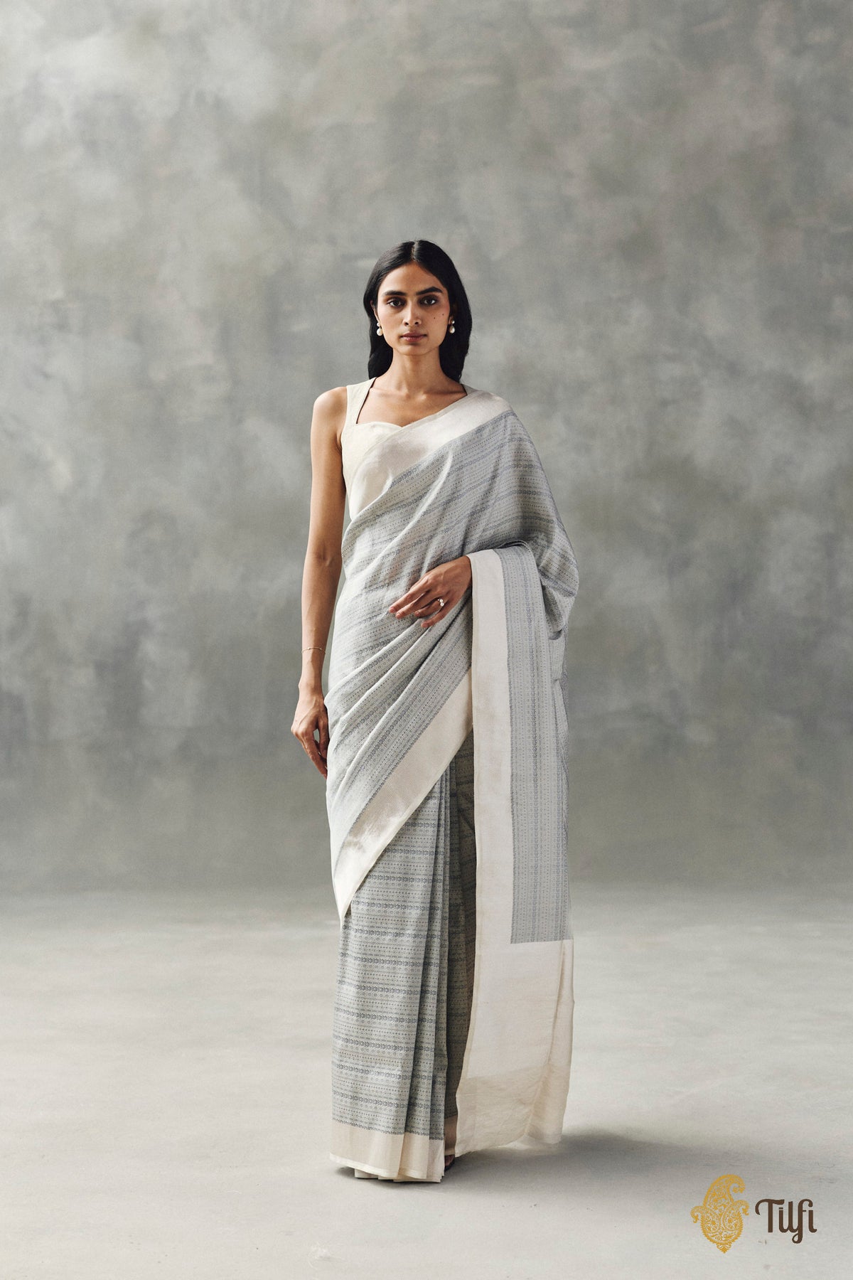 'Urvi' Silver-Gray Pure Katan Silk Tissue Banarasi Handloom Saree