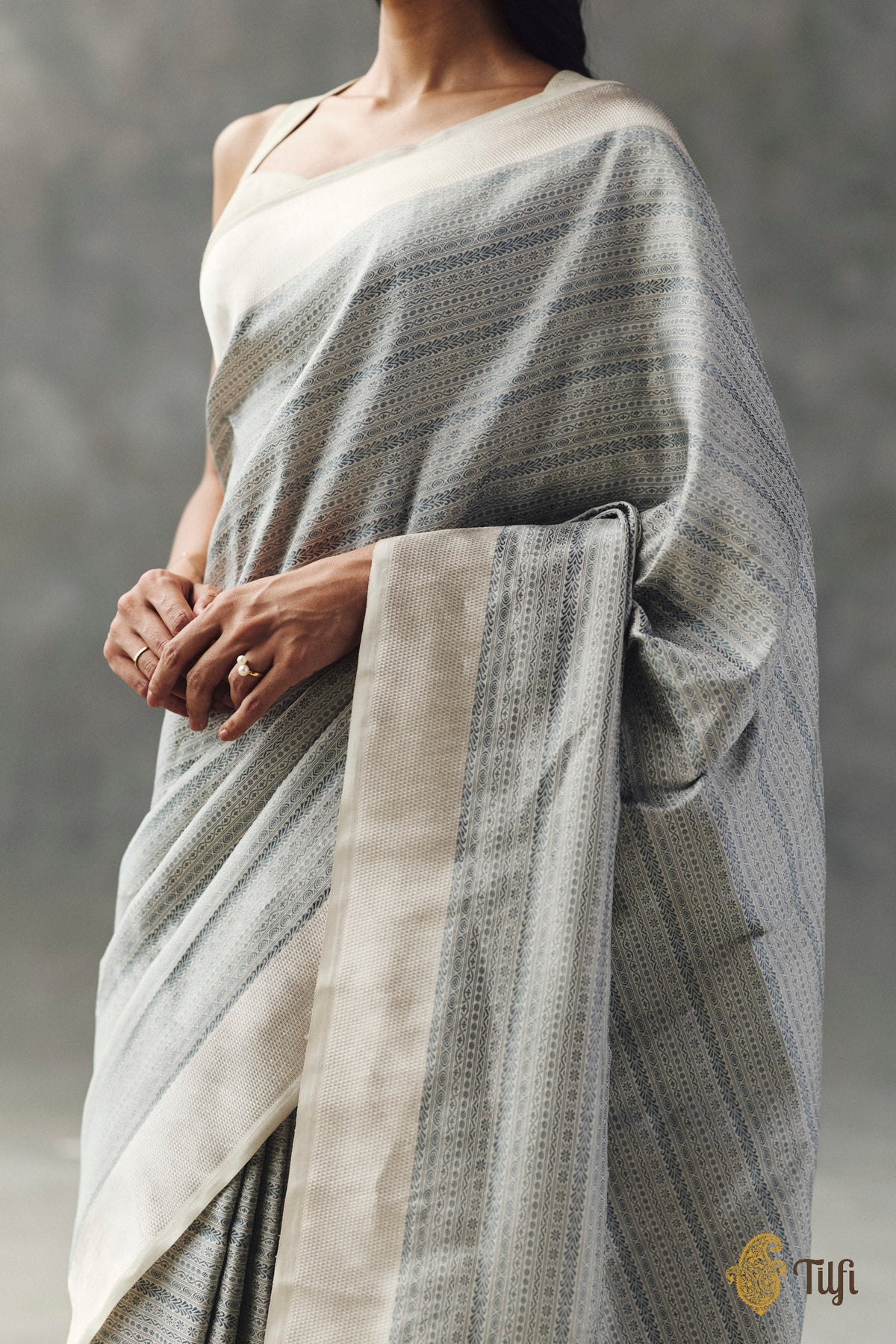 'Urvi' Silver-Gray Pure Katan Silk Tissue Banarasi Handloom Saree