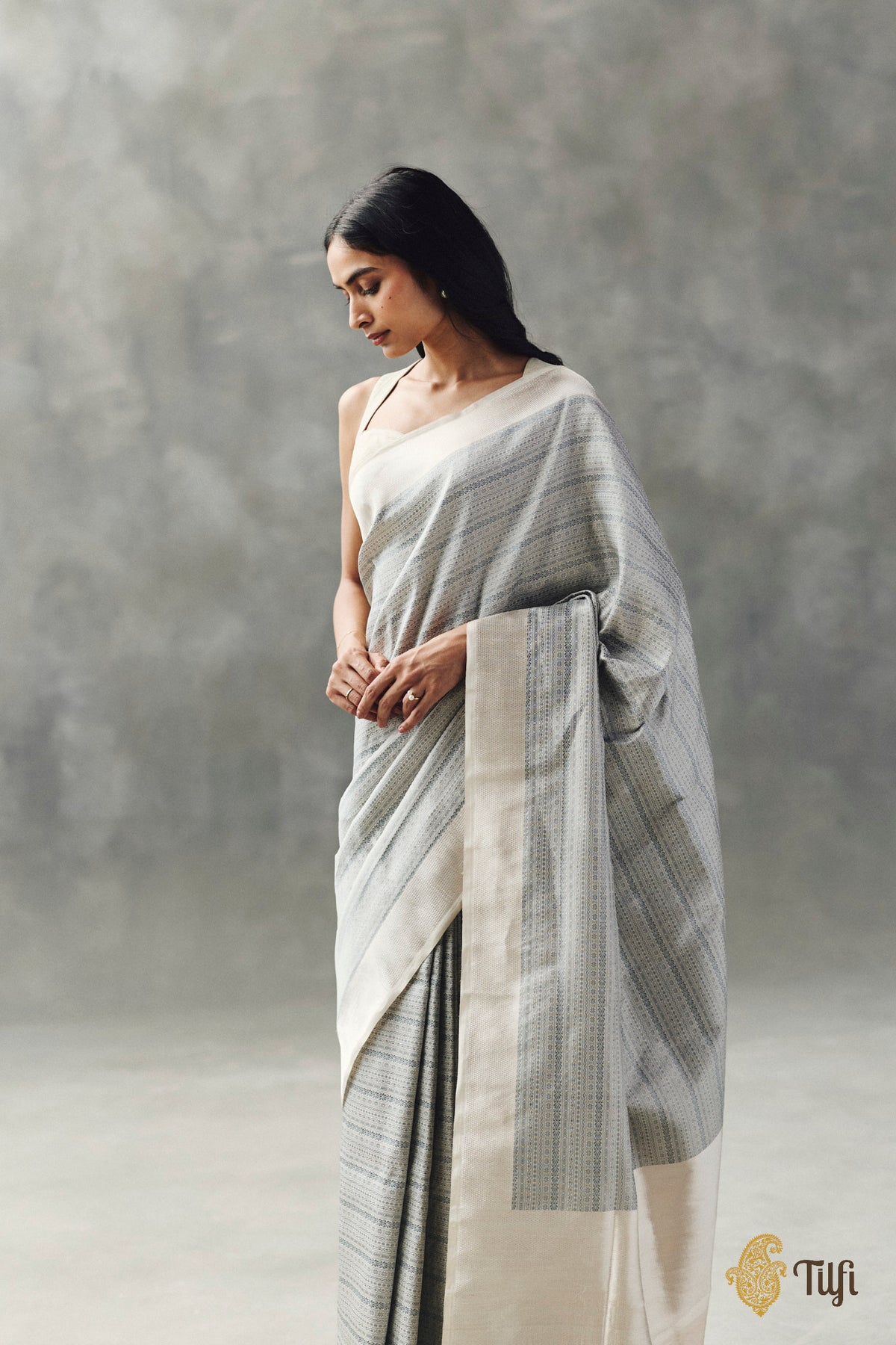 'Urvi' Silver-Gray Pure Katan Silk Tissue Banarasi Handloom Saree