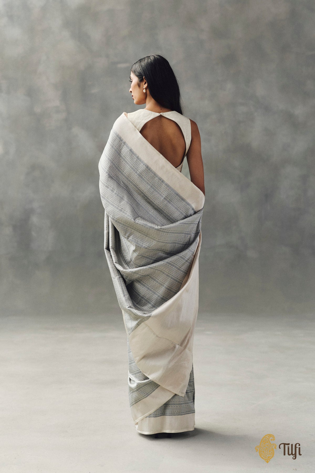 'Urvi' Silver-Gray Pure Katan Silk Tissue Banarasi Handloom Saree