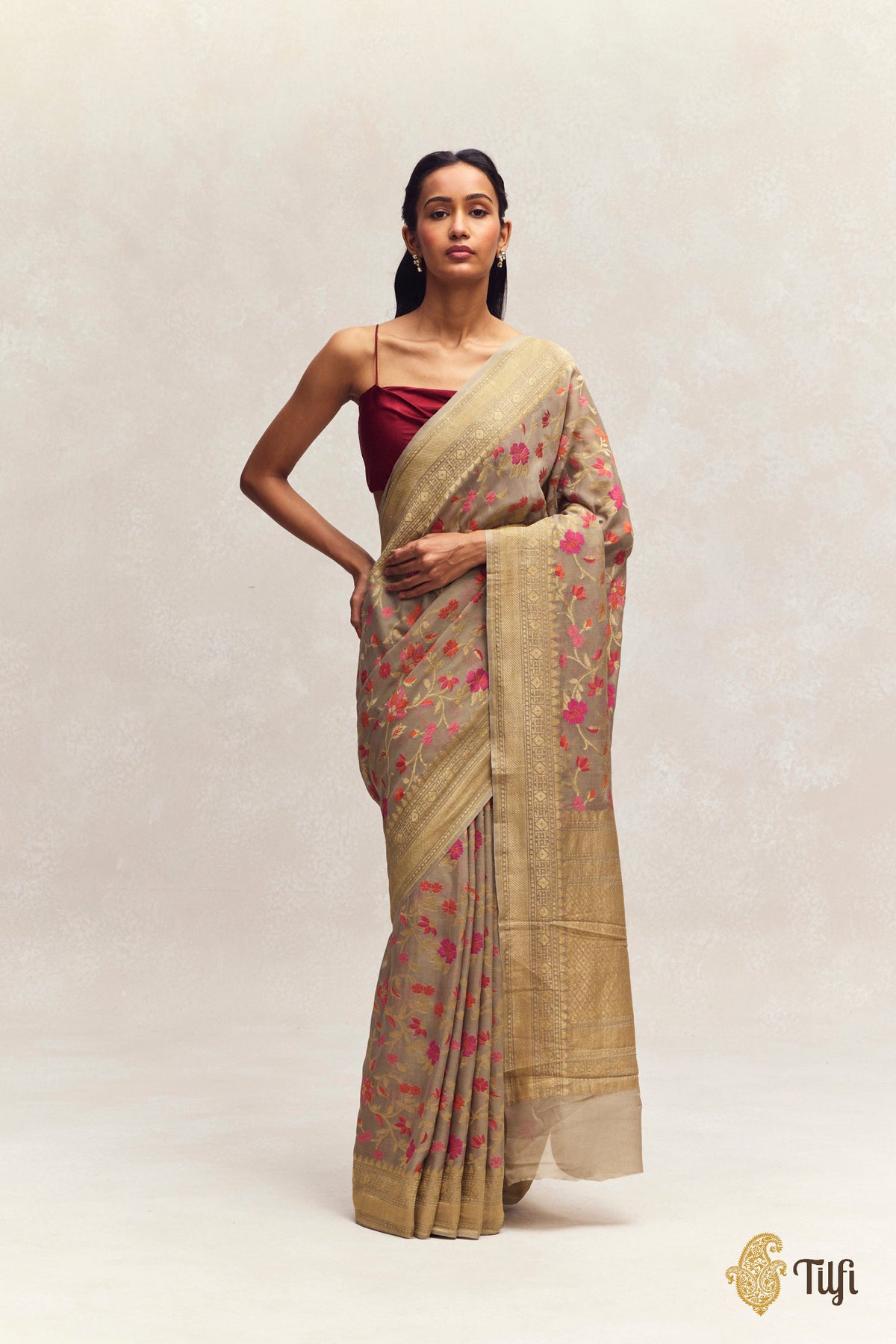 'Nitya' Brown Grey Pure Khaddi Georgette Banarasi Handloom Saree